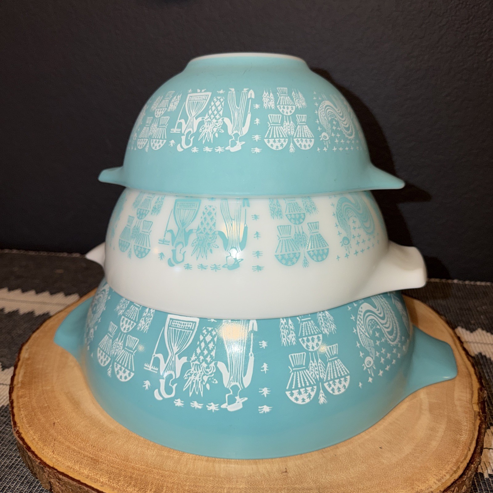 VTG Pyrex Amish Blue Butterprint Cinderella Dbl Spout Nesting Bowls Set of 3