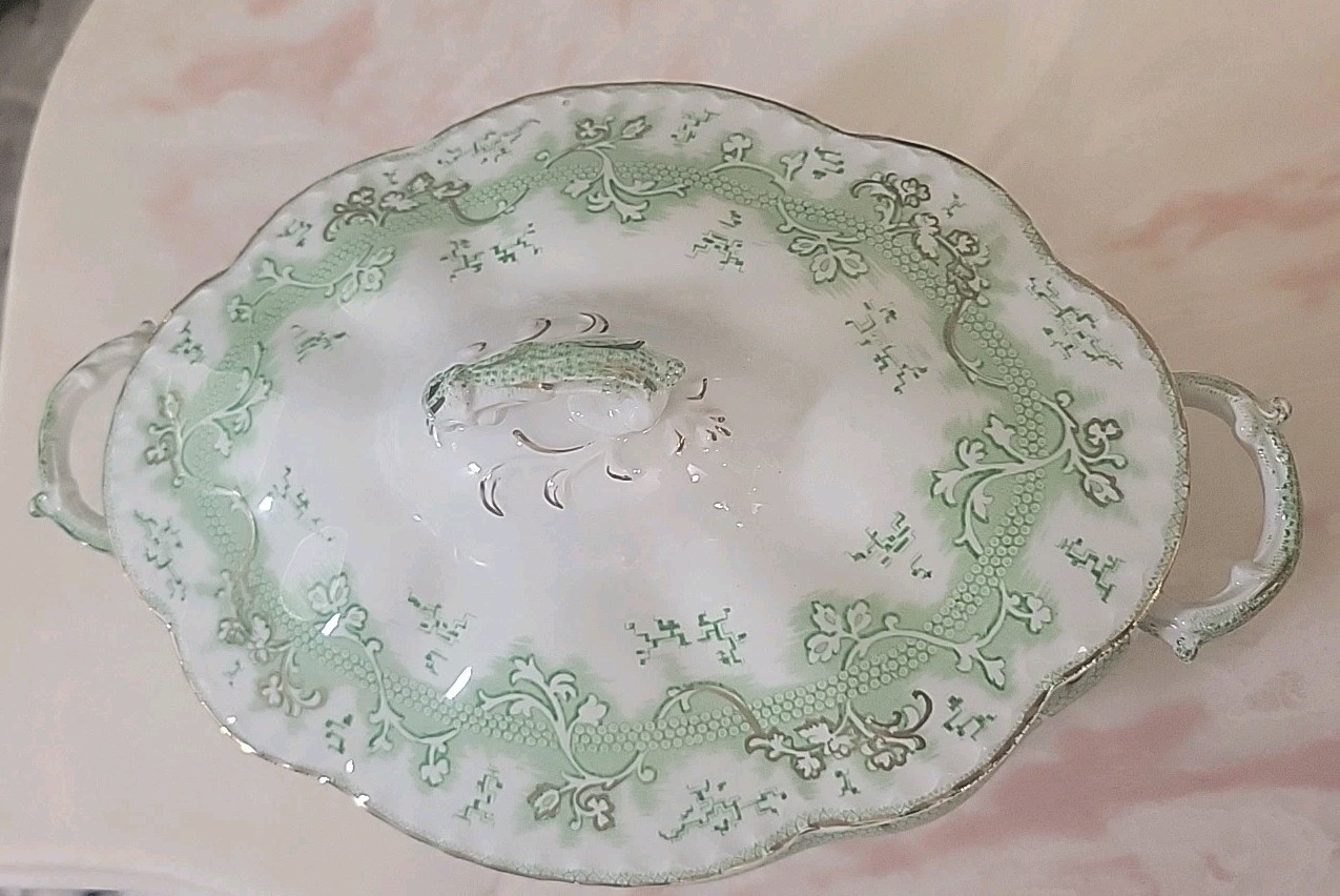 Johnson Brothers Green And Gold Covered Casserole Dish, Vintage