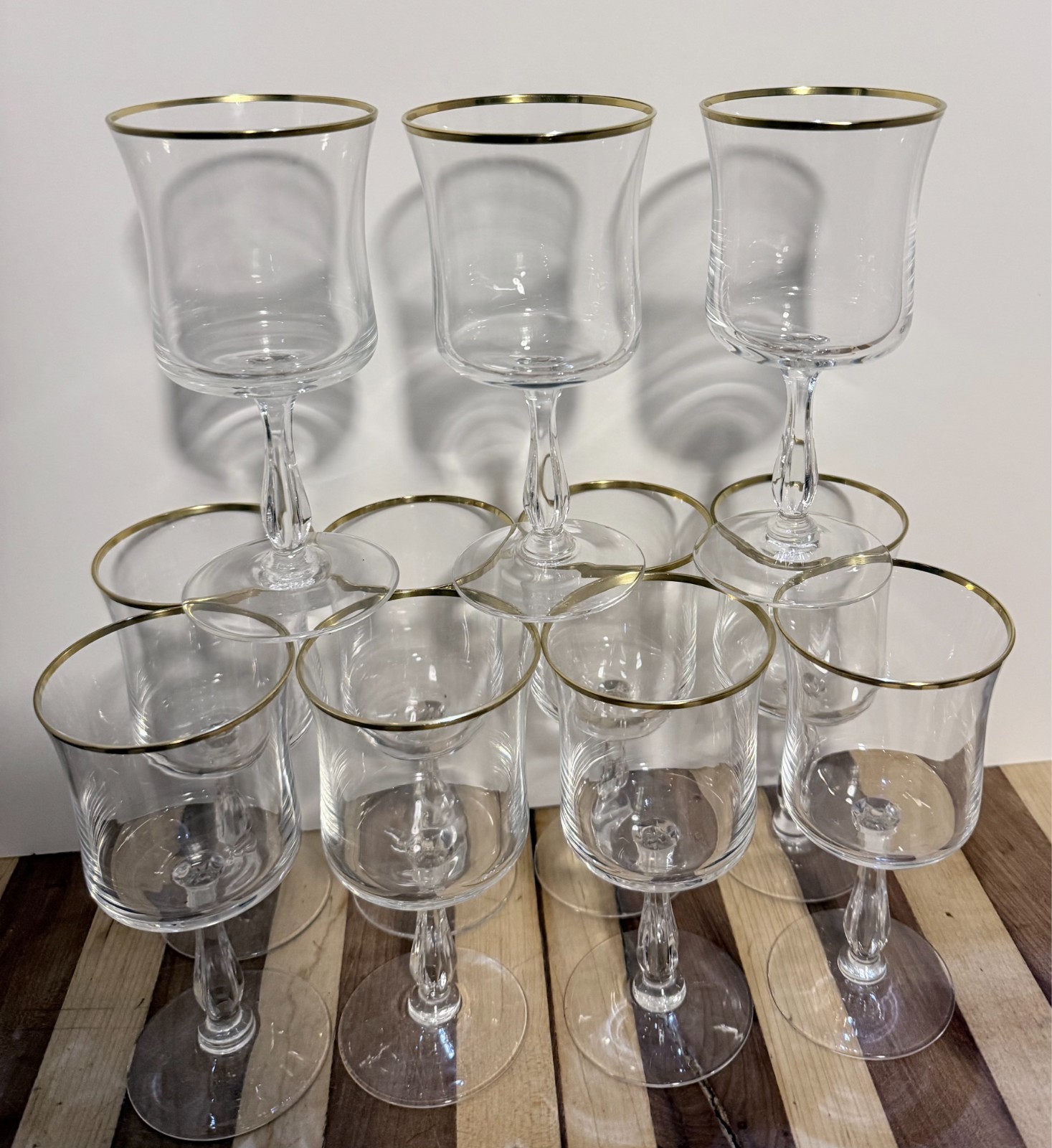 Set of 11 Crystal Wine Glasses w/Gold Trim by Noritak ” Admiration Design ” 1970