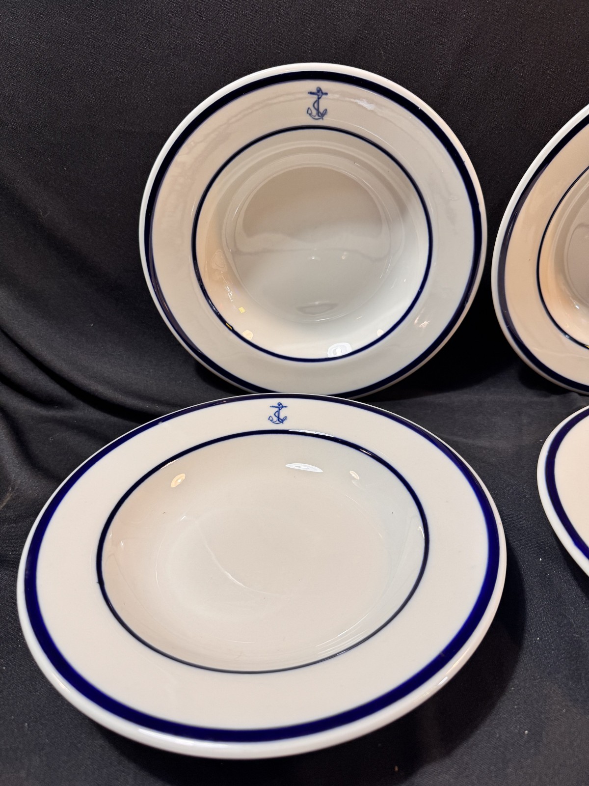 4 Vtg US Navy Blue Anchor Jackson China Restaurant Ware 9″ Pasta Bowls Nautical