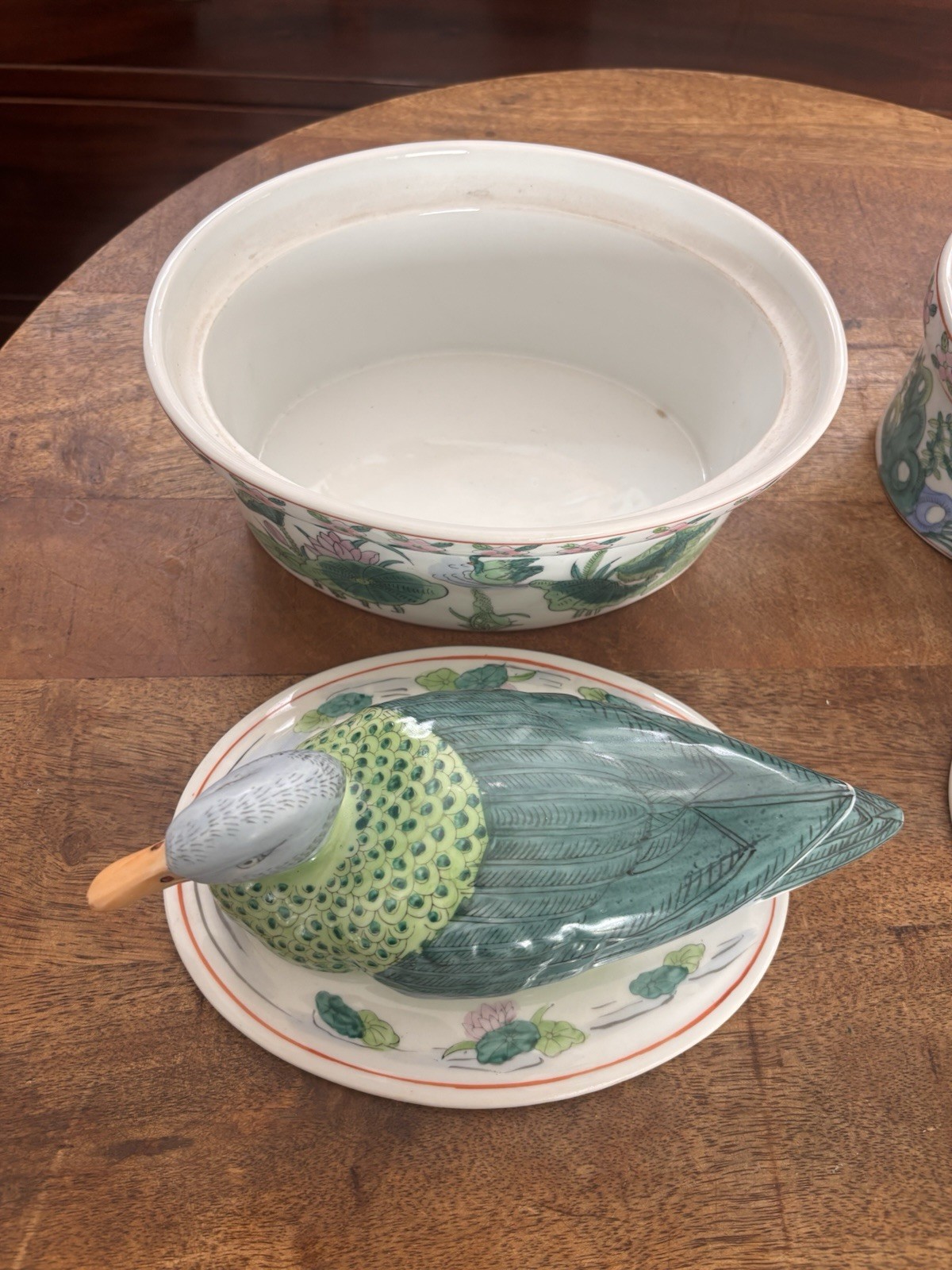 Pair Chinese Bok Choy Tobacco Leaf Green Blue Pink Lidded Duck Covered Dishes