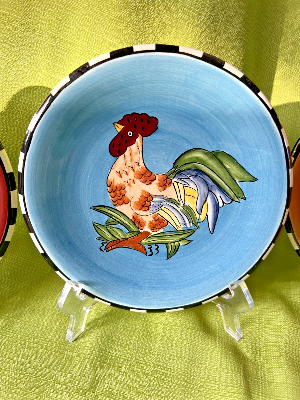 Roosters Set of 3 Decorative Plates Checkered Border ~ Country Theme