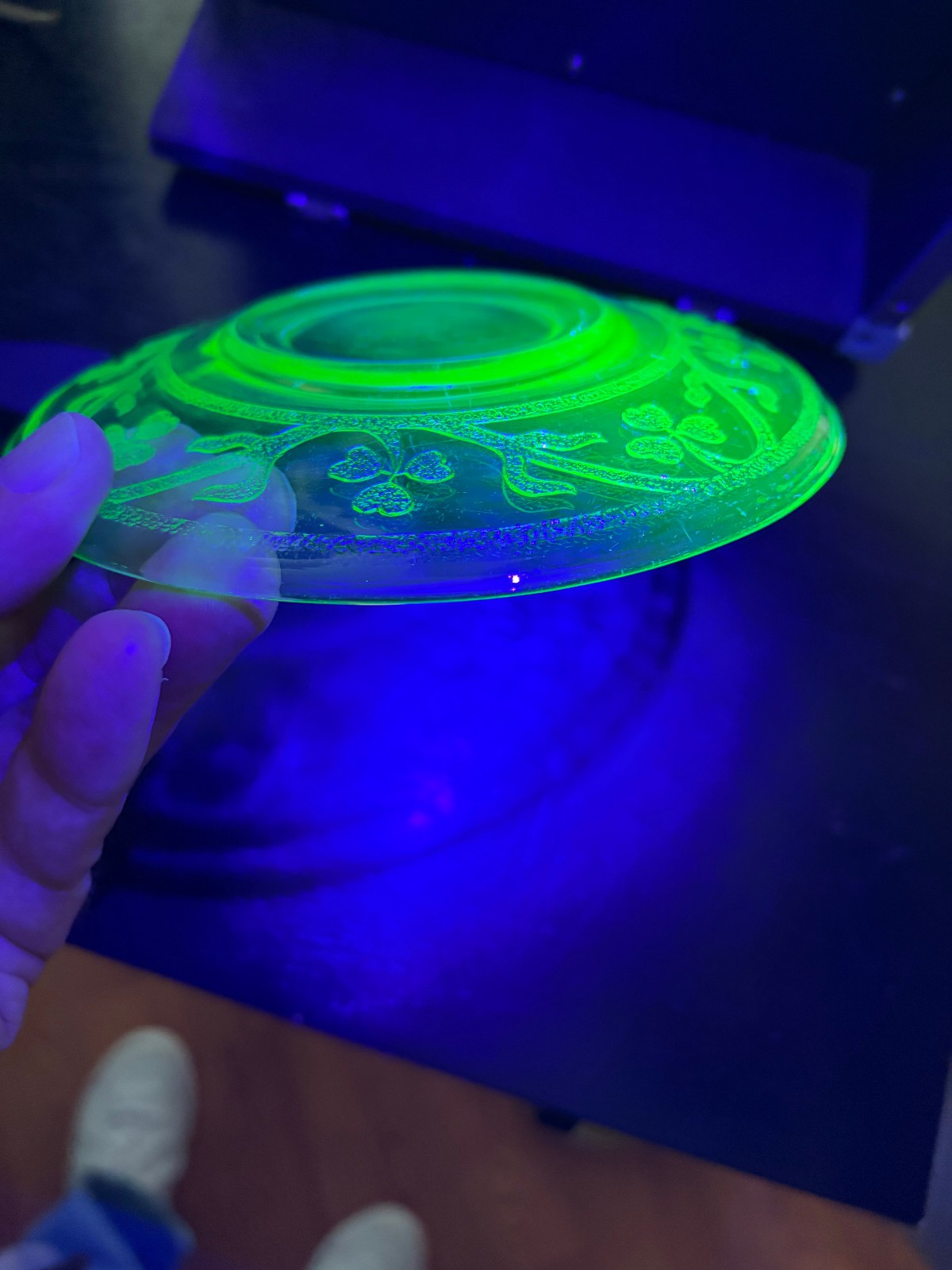 5.75″ Uranium glass plates with floral pattern, set of 2