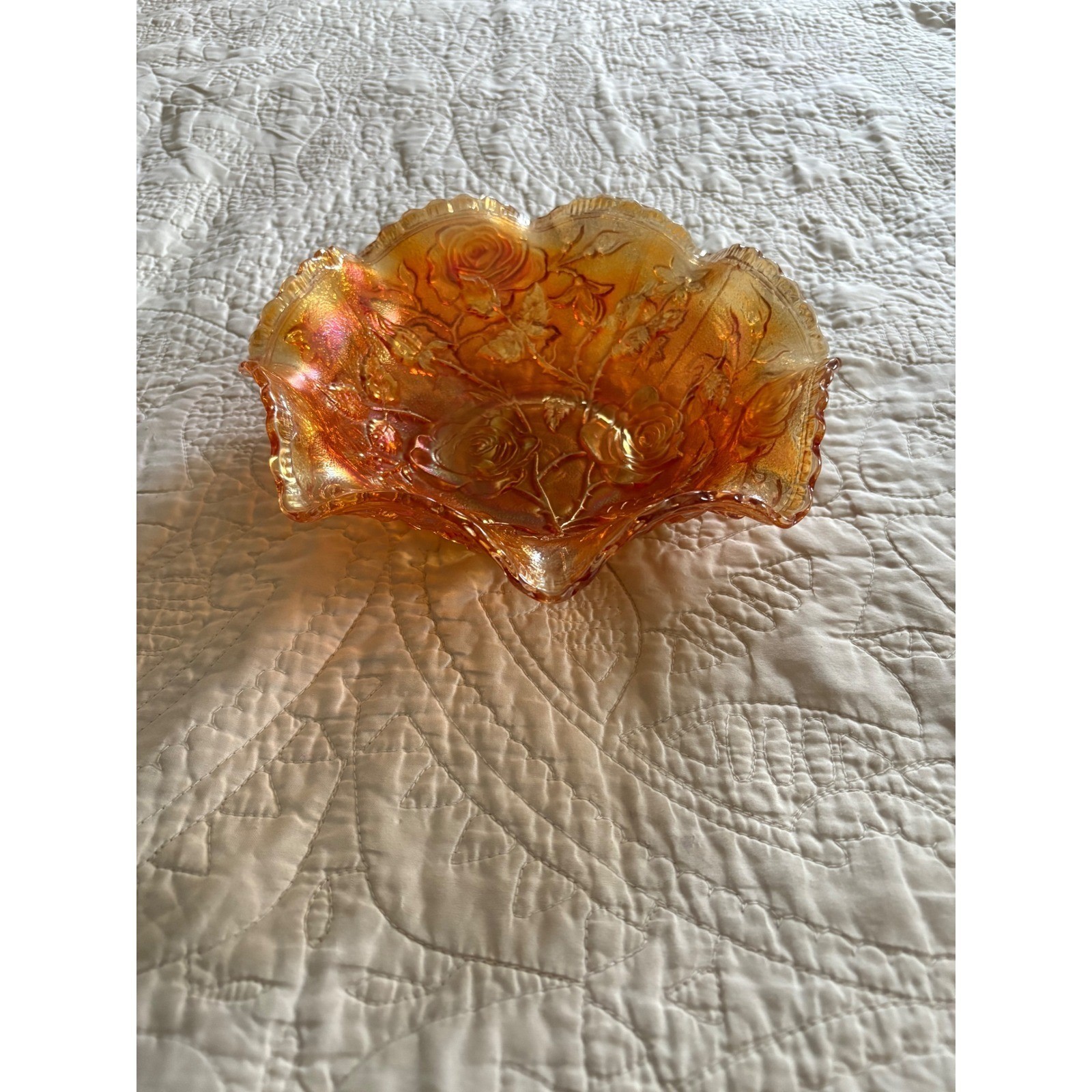 Vintage Imperial Glass American Beauty Embossed Rose Open Marigold Lustre 1950s