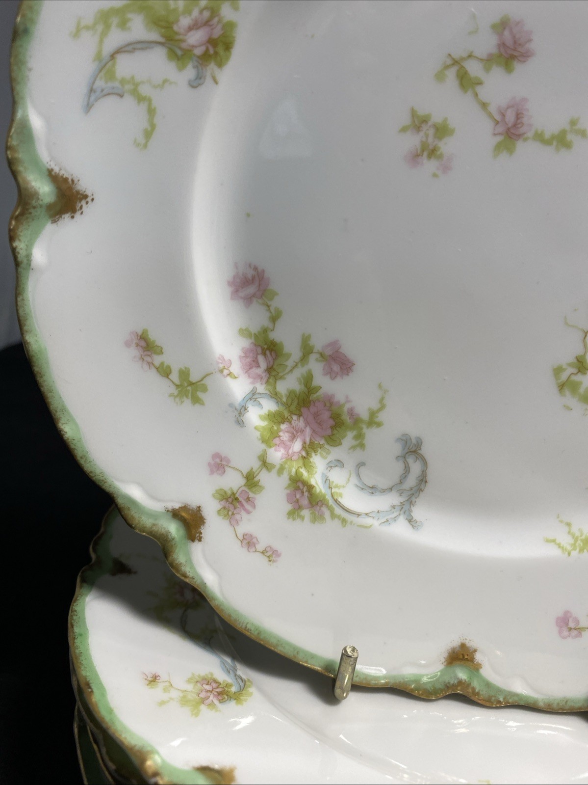 Haviland Schleiger 57H 6 Bread Plates 6 1/8″ Limoges Pink Roses Blue Ribbons @2
