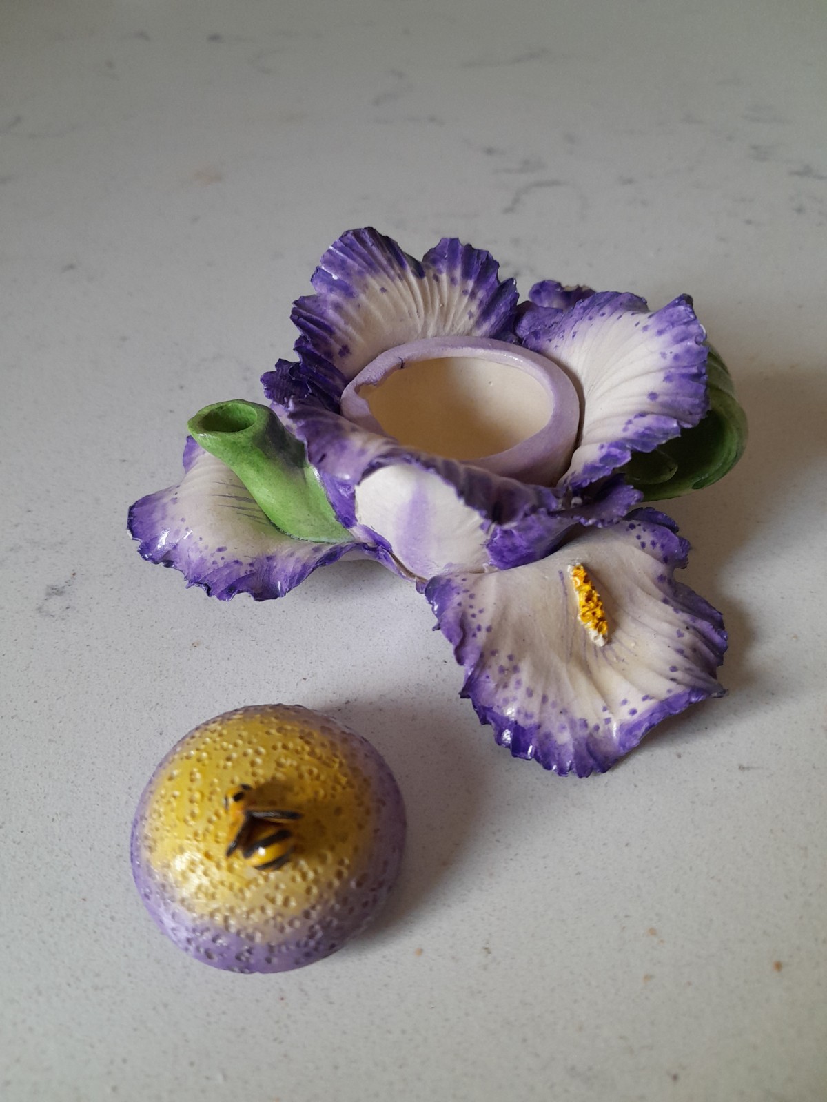 Vintage Kitschy Miniature Capodimonte Style Tea Pot Purple Iris Flower And Bee