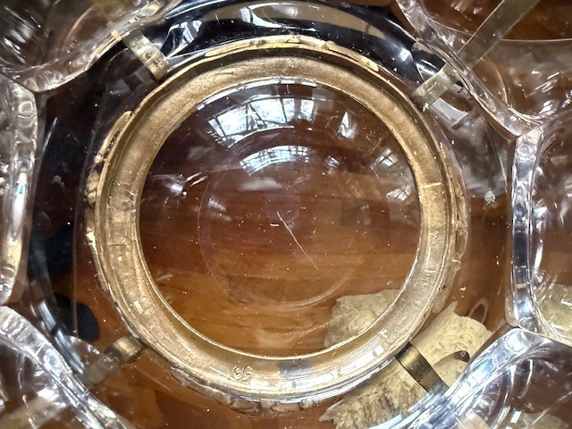 Rare Handled French Octagon Beveled Lead Crystal Gilt Bronze Bowl Griffin Feet