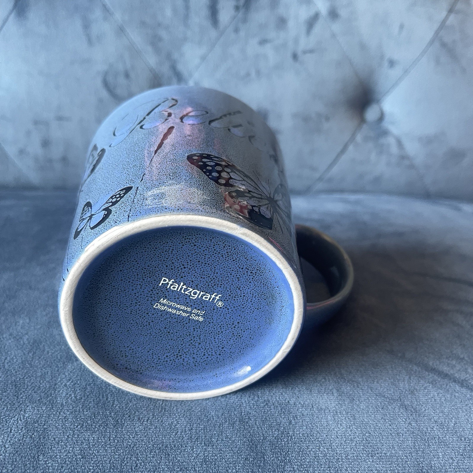 Pfaltzgraff Coffee Mug BELIEVE Tea Cup Blue Butterfly Large 16 Oz 4.25 X 4”