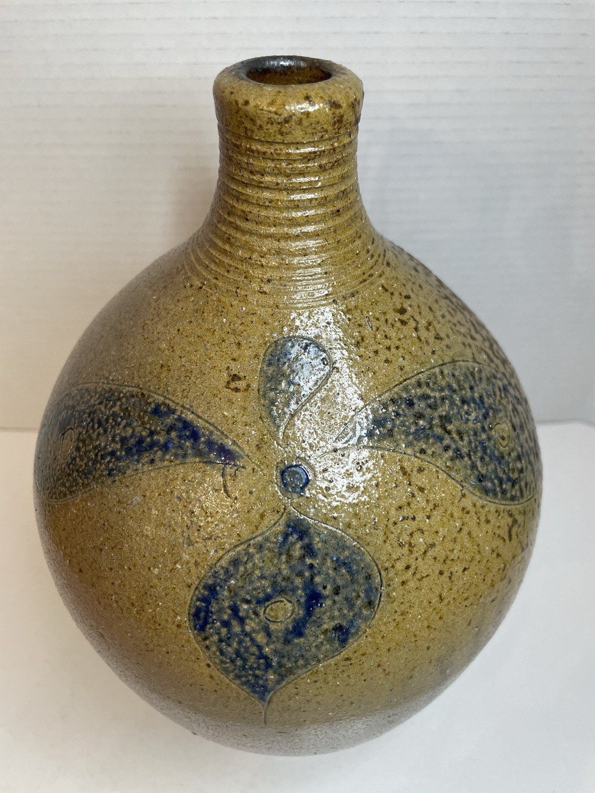 Vintage Large 12.5” Mark Hewitt North Carolina Pottery Jug Incised Cobalt Flower