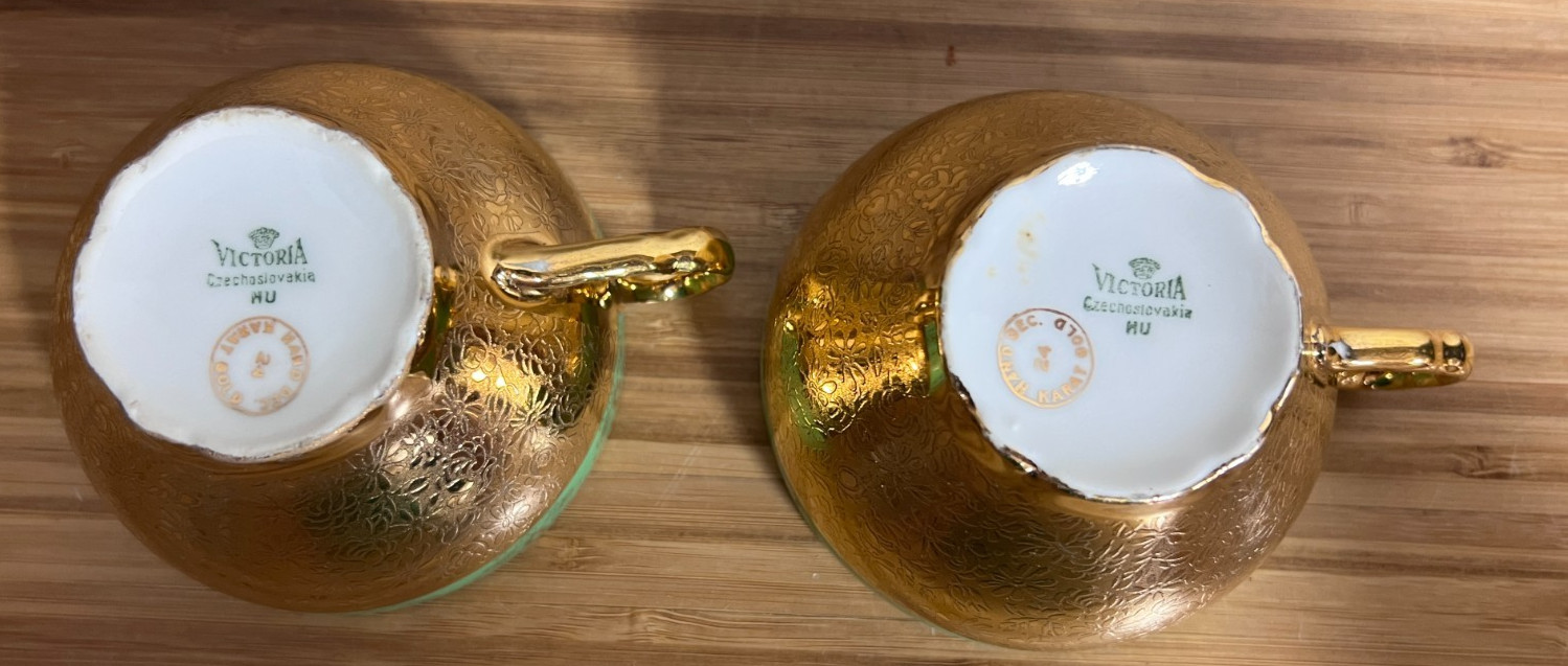 2 Victoria China Czechoslovakia Tea cups with 24K Gold Encrusted Trim -Vintage