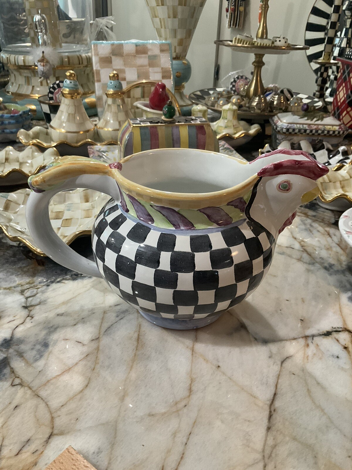 MacKenzie-Childs Piccadilly Chicken Ceramic Pitcher With Courtly Check