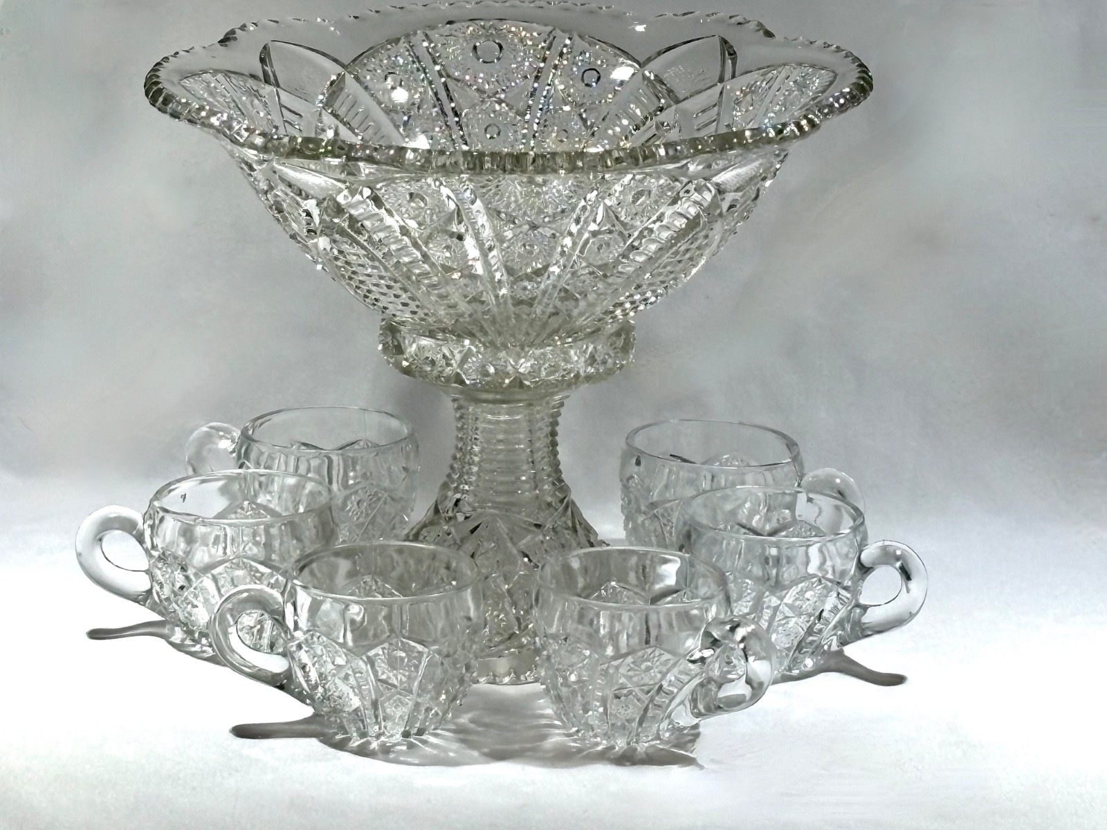 Antique Indiana Glass Paneled Daisy and Fine cut Clear Punch Bowl Base & 6 Cups