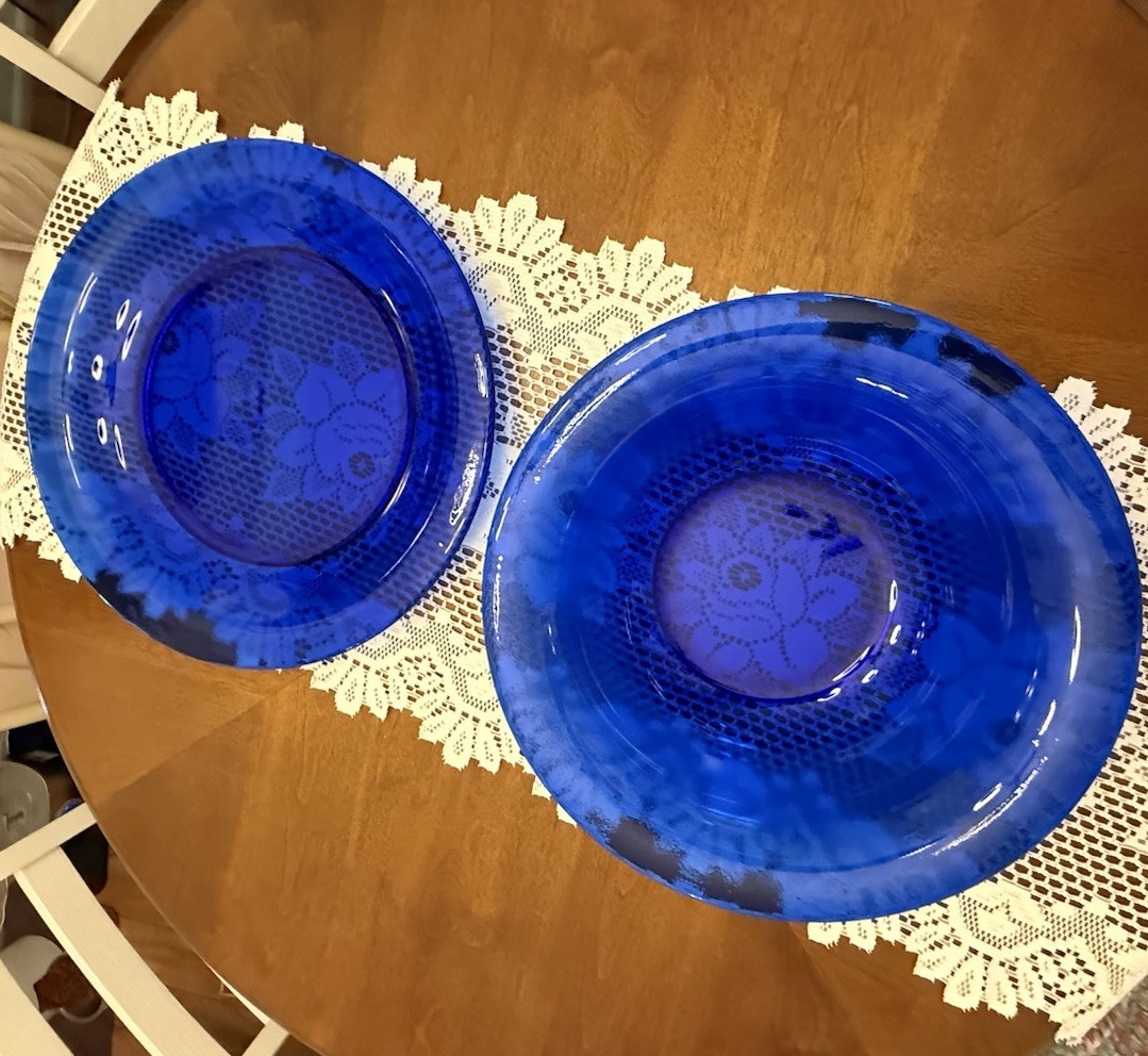 VTG Italy Cobalt Blue Texture Glass Centerpiece Set 15” Platter 13” Serving Bowl
