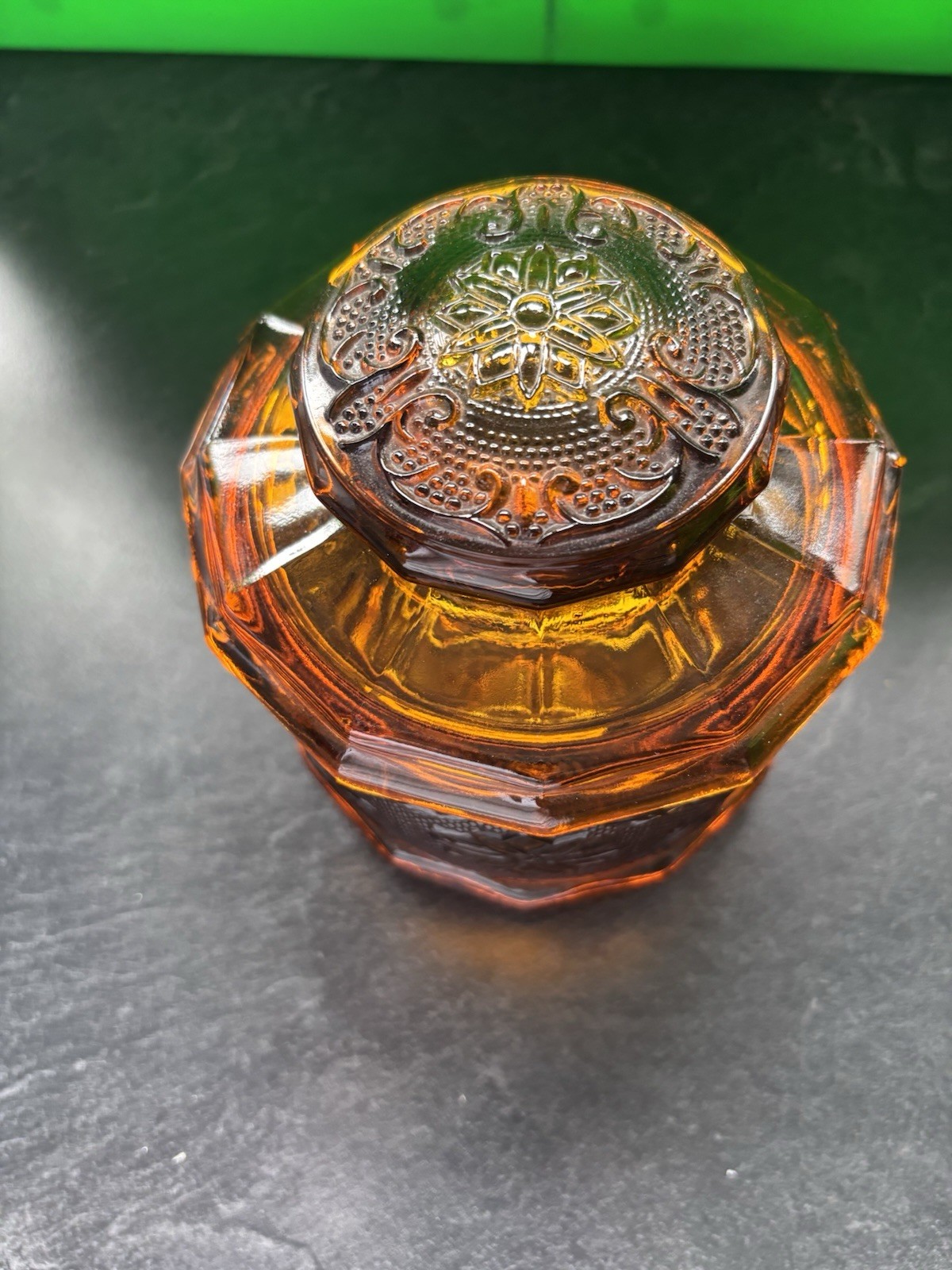 Vintage Tiara Indiana Glass Co. Amber Candy Jar Canister 5.5” Tall With Lid