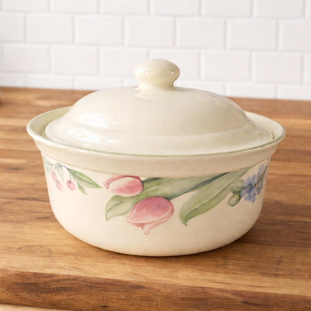 Pfaltzgraff Garden Party Casserole Dish Vintage Pink Tulip Lidded Stoneware USA