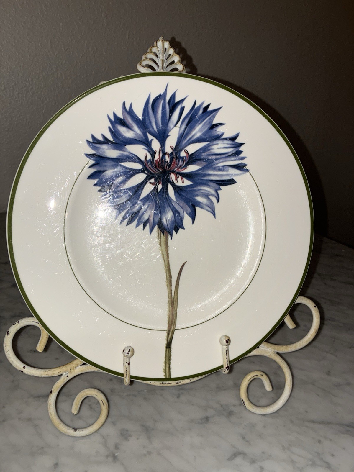 Villeroy Boch FLORA Dinner Plate 10.5″ Germany Green Trim Le Bleuet Flower