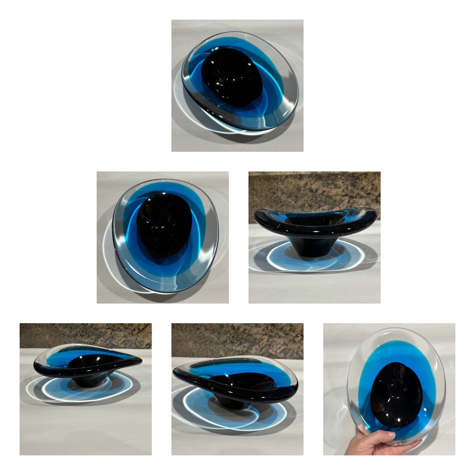 Vintage Art Glass Blue, Black to Clear Asymmetrical Candy or Trinket Dish AS IS