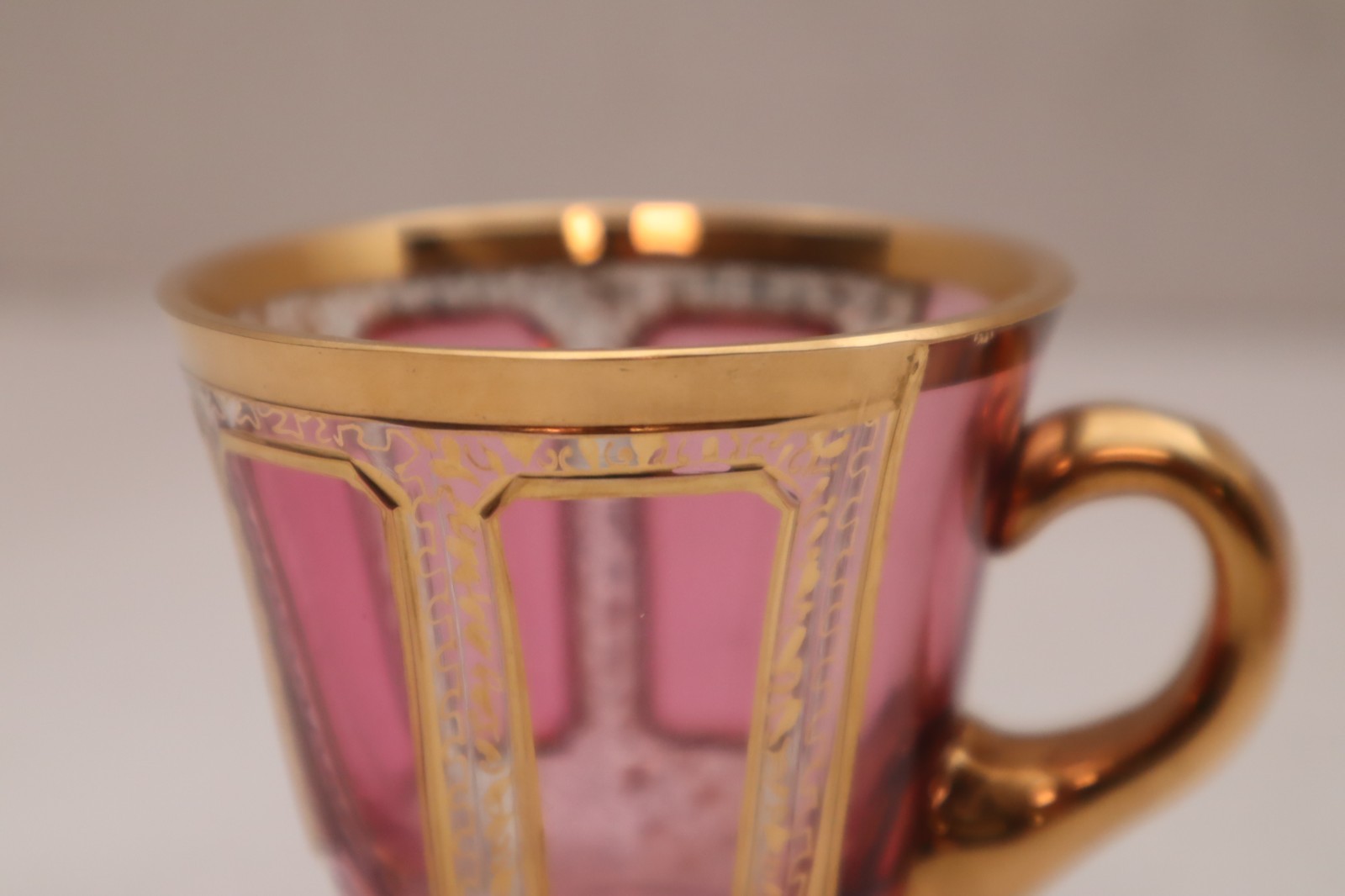 Moser Bohemian Cabochon Pink & Gold Floral Demitasse Espresso Tea Cup & Saucer