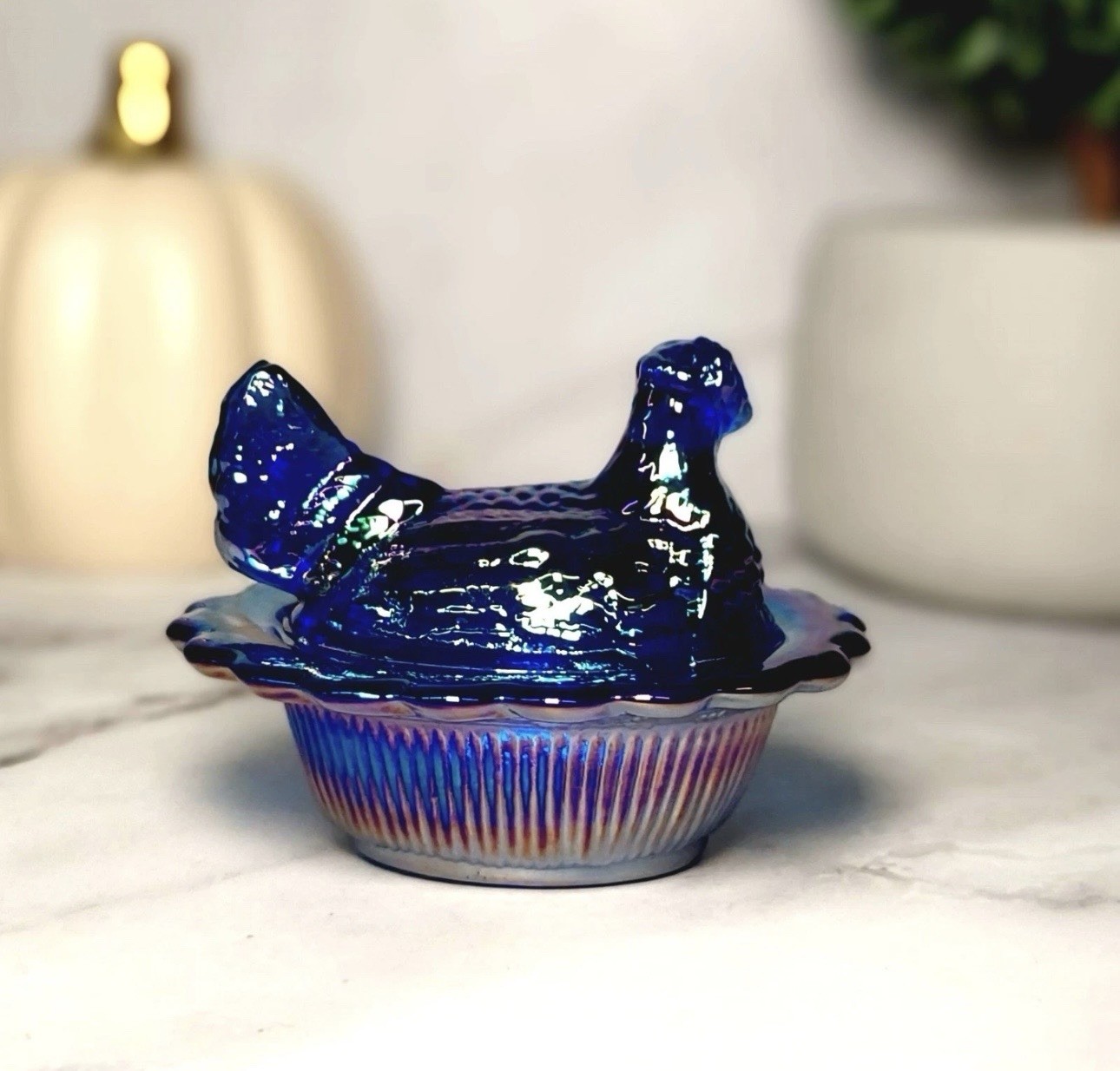 Mosser Cobalt Blue Carnival Glass Hen on Nest Salt Dish, Mini Chicken, VTG Style