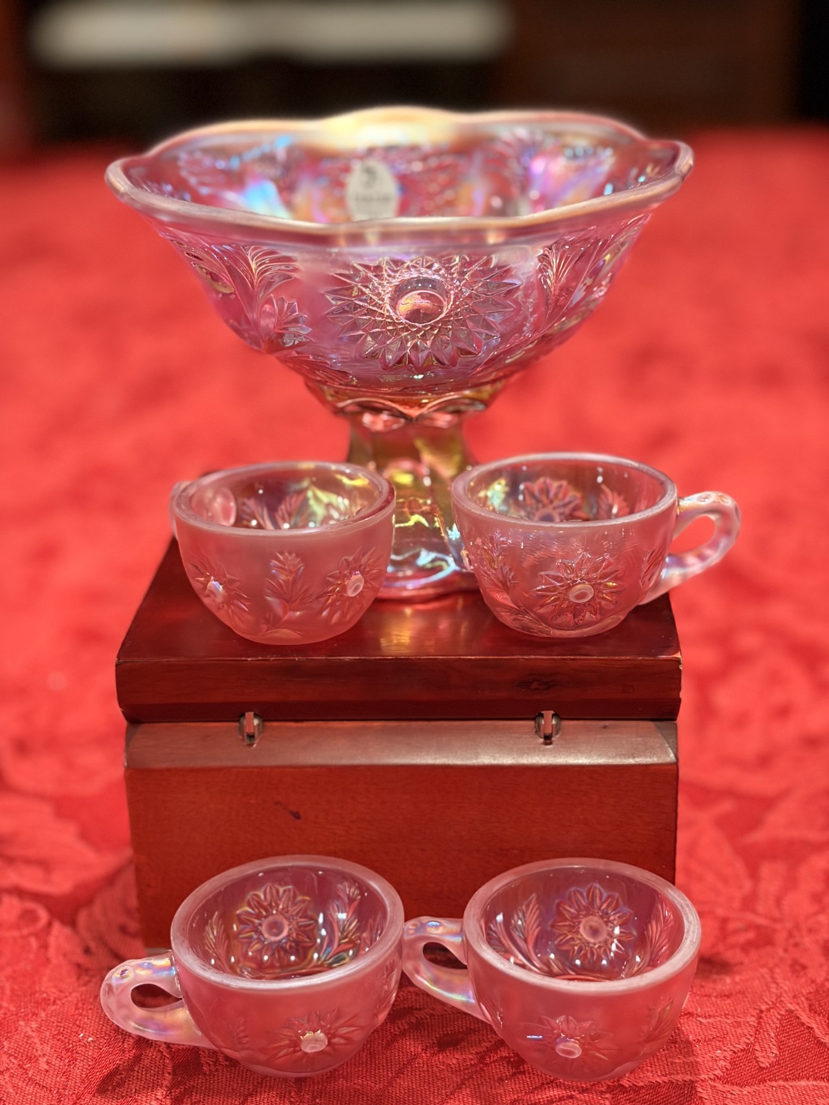 RARE Vtg Fenton Dusty Rose Pink Carnival Glass Miniature Punch Bowl Set/4 Cups