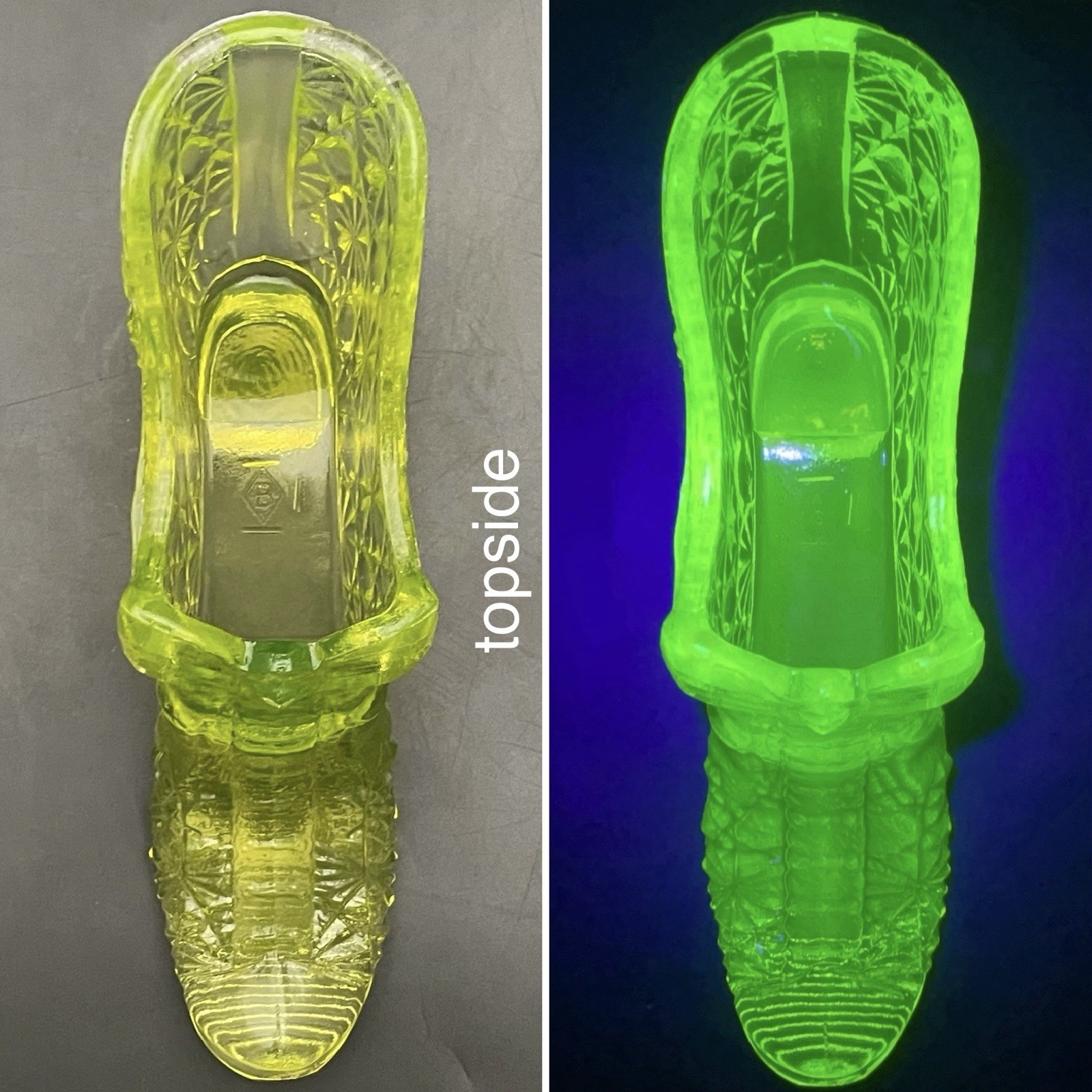 Boyd’s Uranium Glass Daisy & Button w/Bow Shoe Salt Cellar 1993-98 Made in USA
