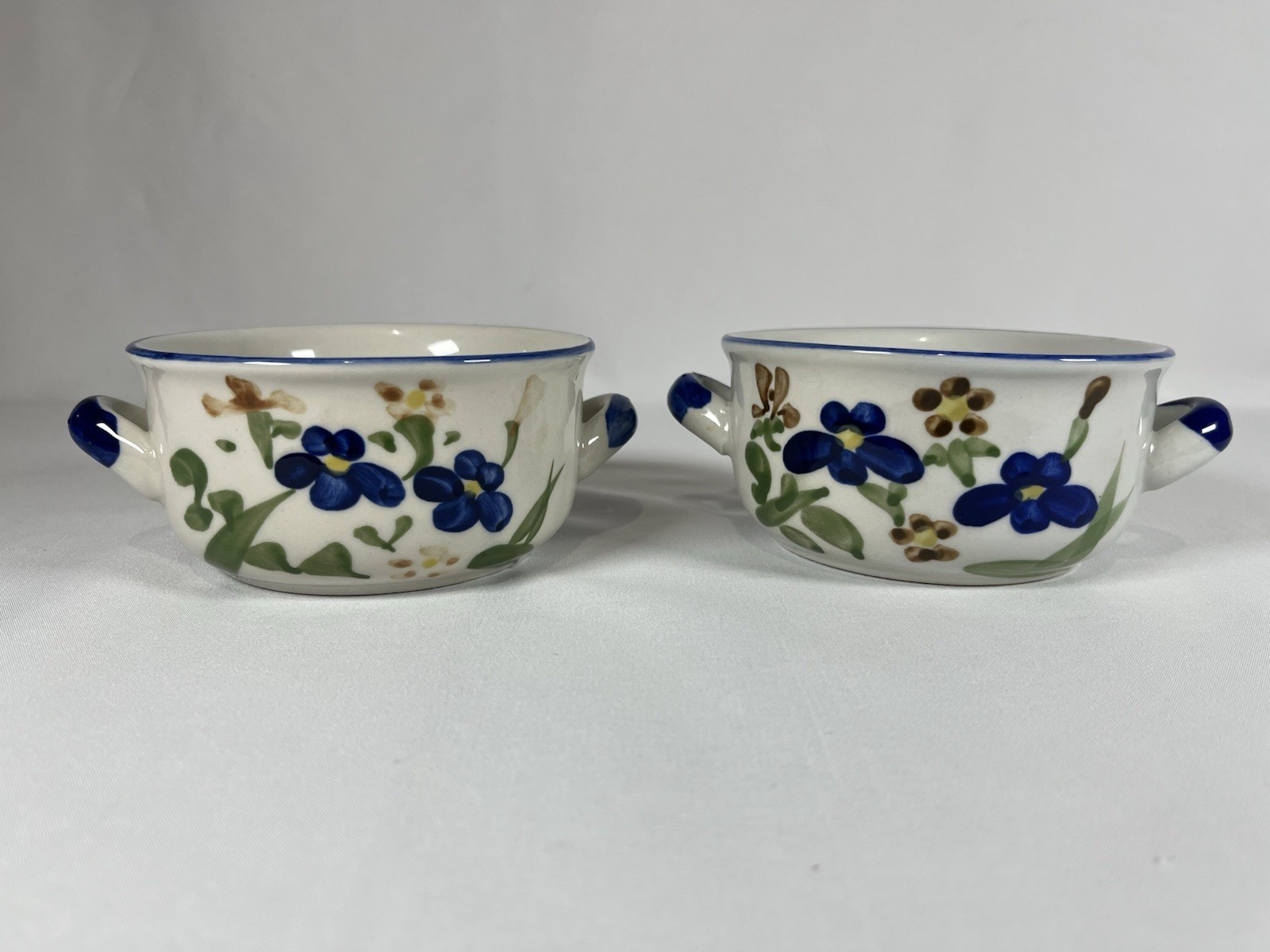 Chi Jiang China Blue Floral Stoneware Soup Bowls With Handles Set Of 2