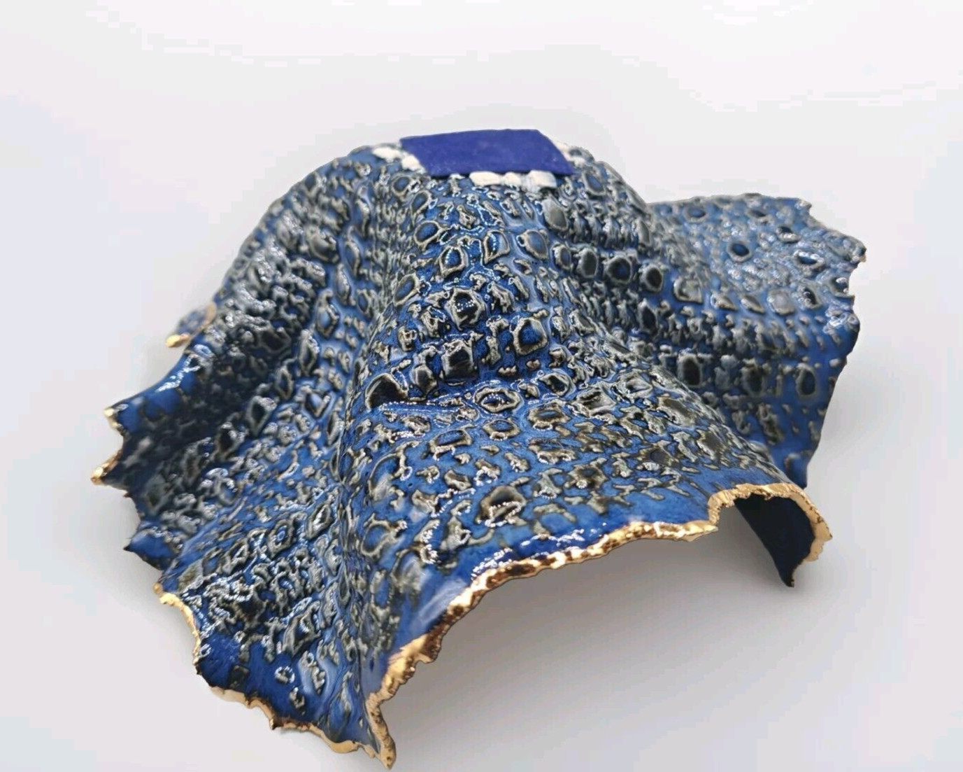 Freeform handkerchief Pottery Bowl Blue Unsigned Cobalt/Gold Trim OrganicTexture