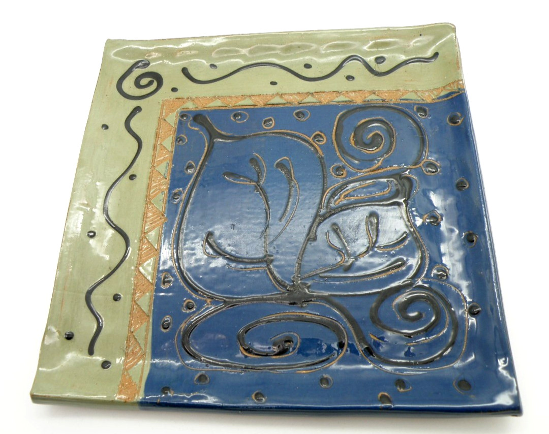 Vtg Susan Gerr Pottery Plate Handmade Signed Abstract Blue & Tan Unique