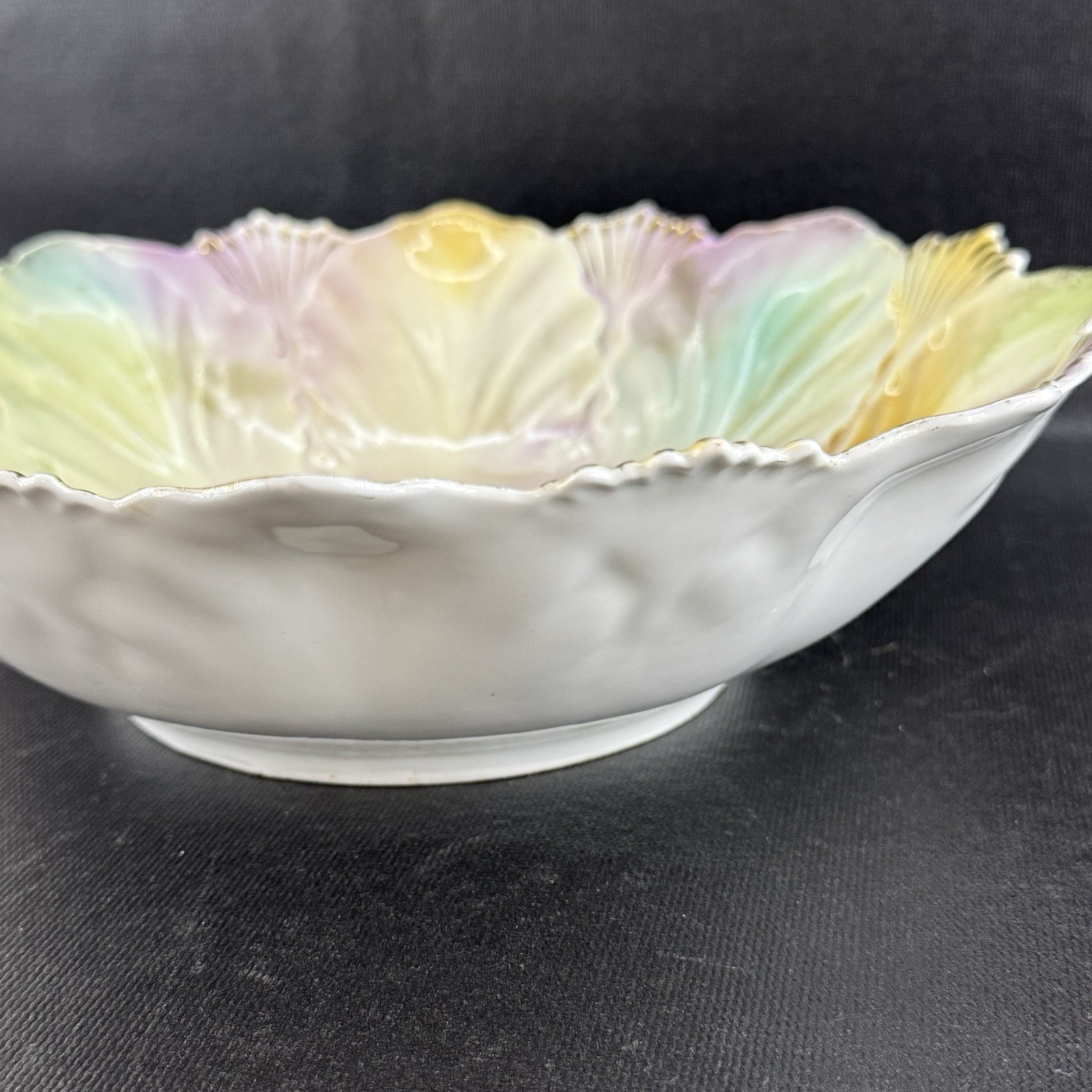 Antique RS Prussia Rare Shell & Fan Mold 10” Bowl Pink Floral Bouquet
