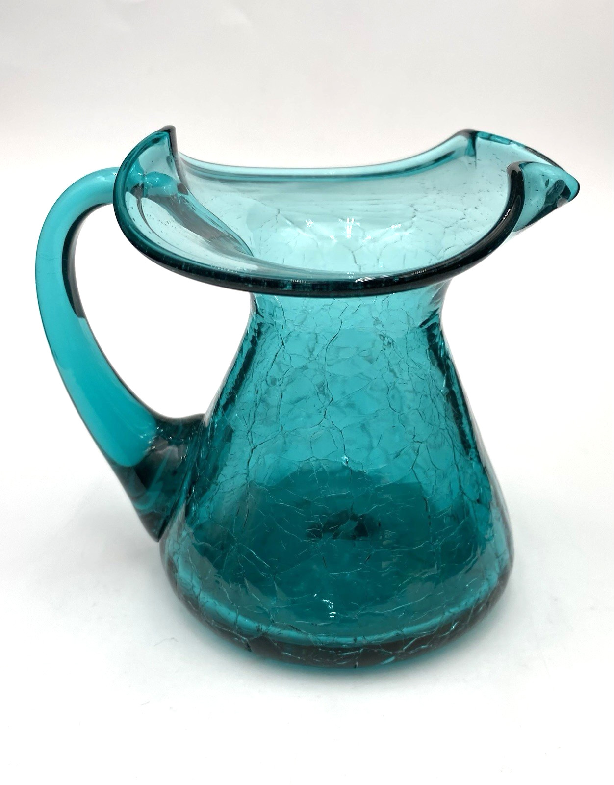 Vintage (1960s) MCM Rainbow Glass Co. Crackle Glass Pitcher, Teal, 4.25″ Tall