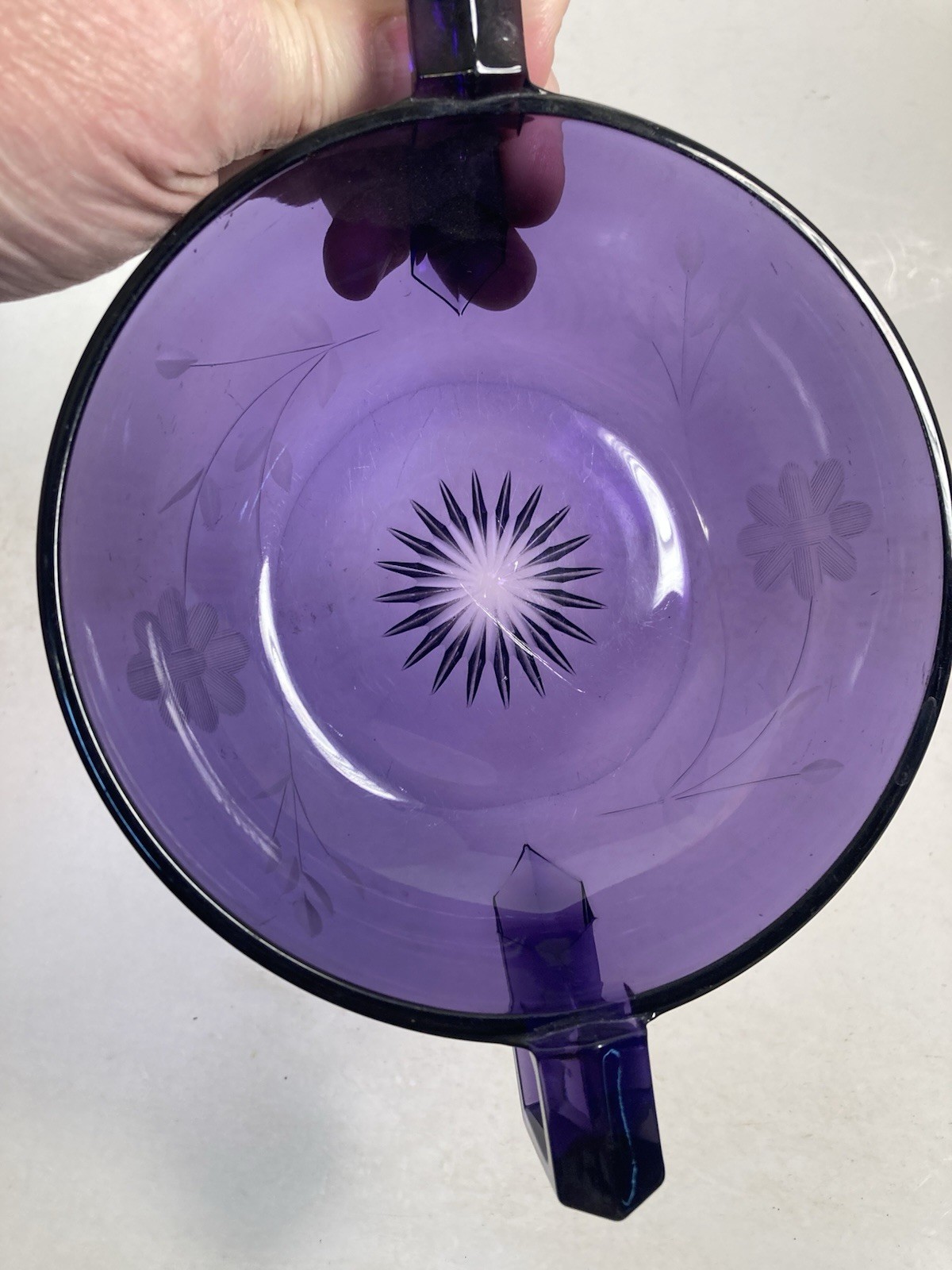 Vintage Glass candy Dish, Server, condiment, irradiated purple, etched floral