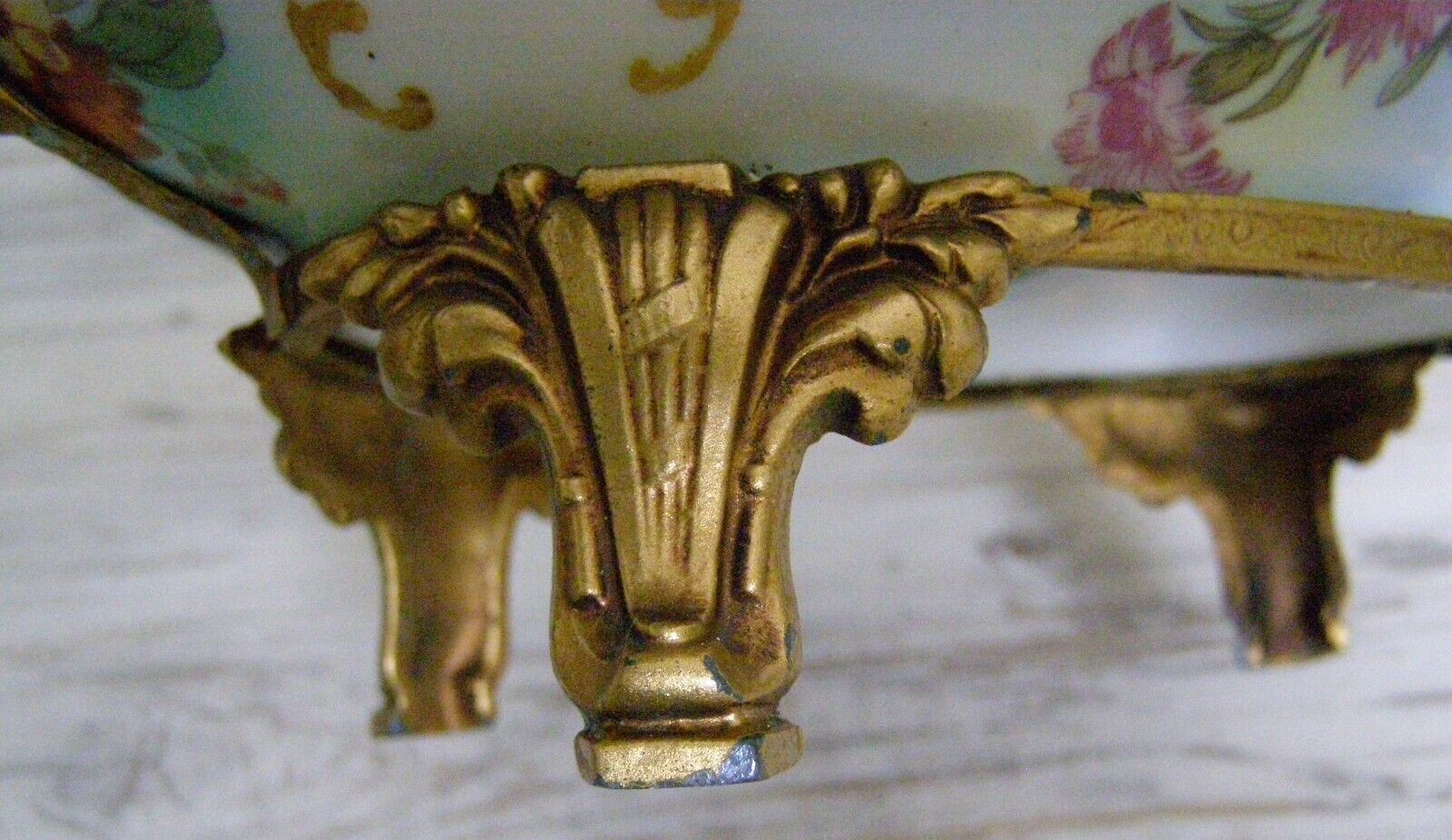 Antique Karlovy Vary Porcelain Serving Dish Gilt metal base bottom stamped #23
