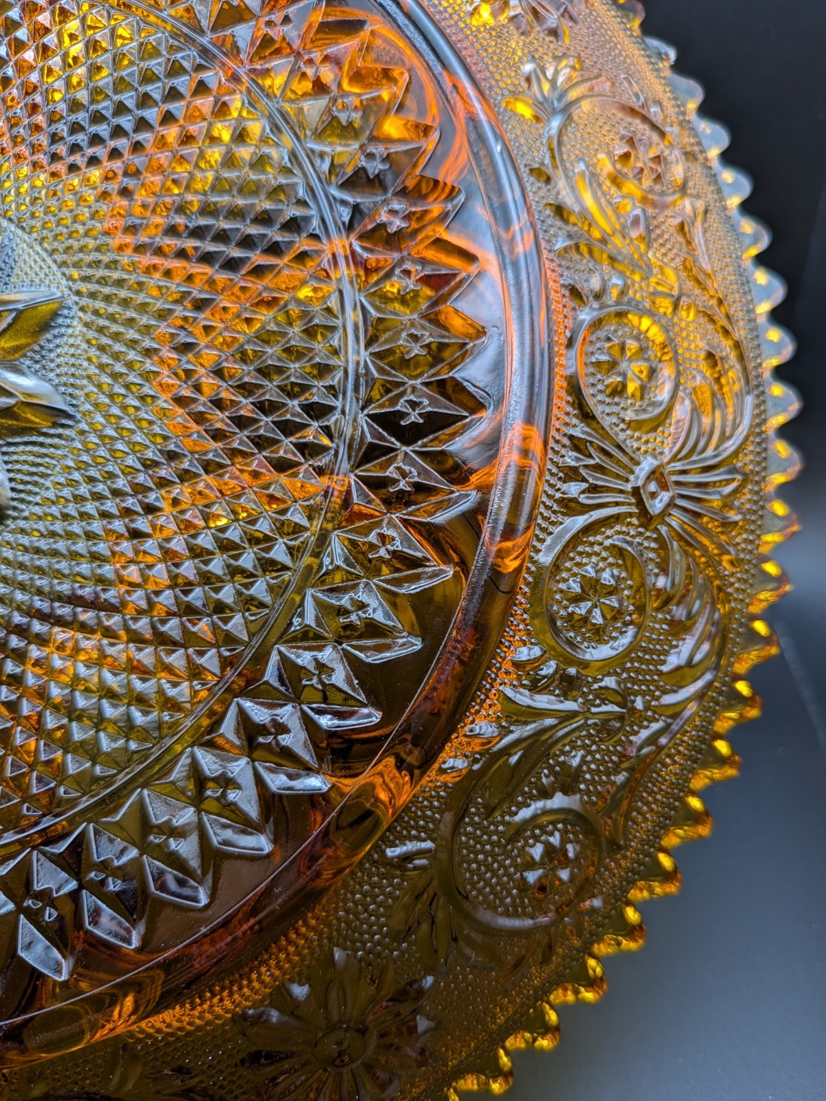 Vintage 70s Tiara Indiana Amber Glass Deviled Egg Tray Sandwich Pattern 12″