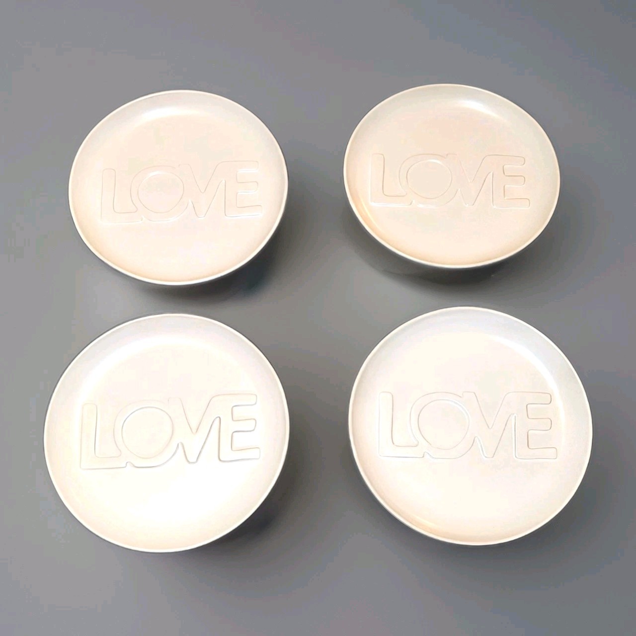 RARE 4 Crate & Barrel Lucia Eames LOVE Salad Plates White Embossed 2022 NEW NWT!