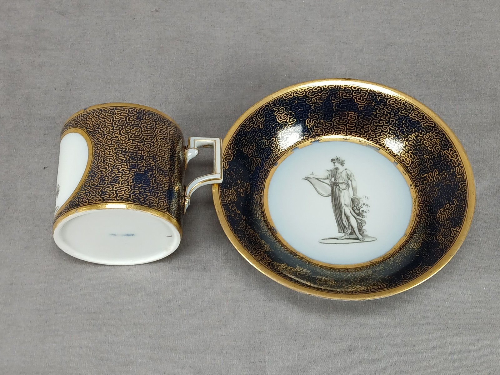 KPM Berlin Hand Painted Neoclassical Figures Cobalt & Gold Cup & Saucer C. 1790