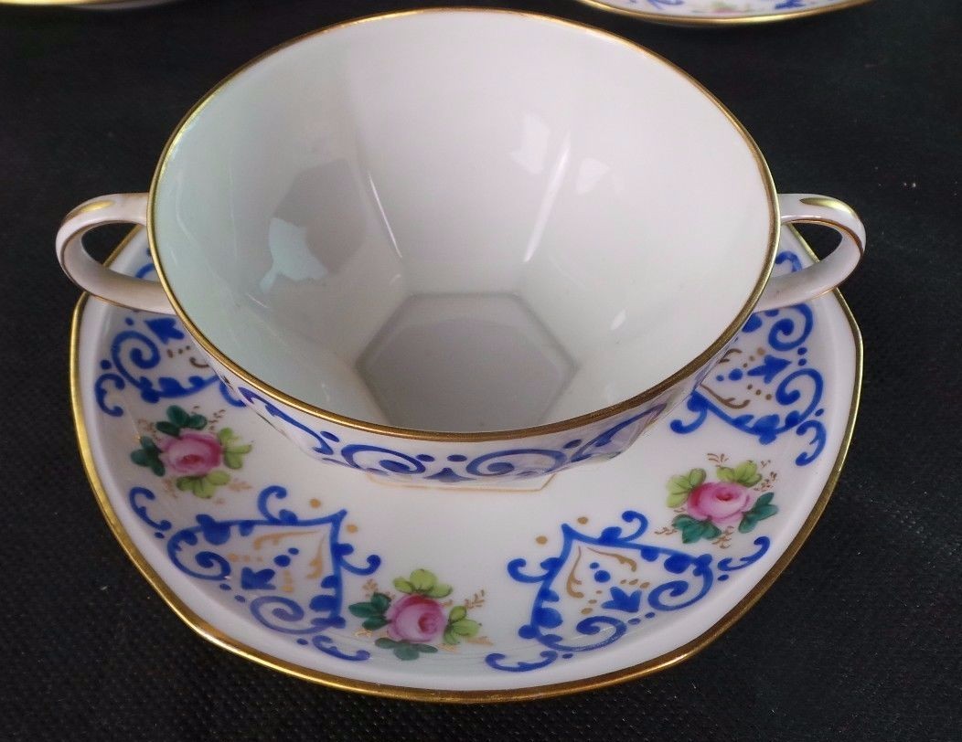 13 Howell & Hubbard / Hutschenreuther Soup Bouillon Wh & Cobalt Blue Hand Paint