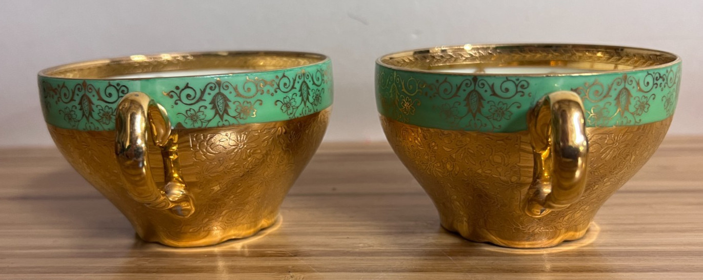 2 Victoria China Czechoslovakia Tea cups with 24K Gold Encrusted Trim -Vintage