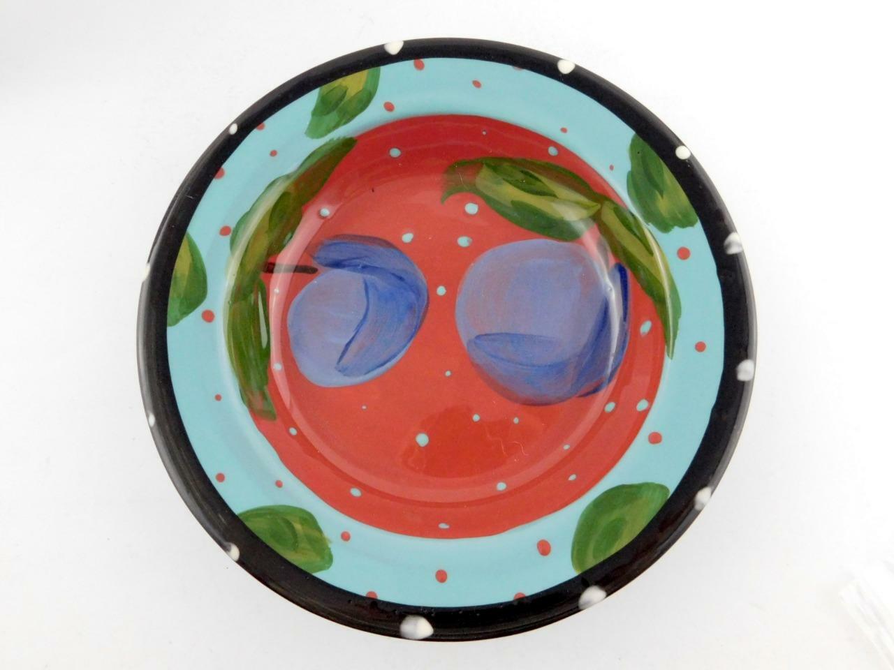 Ceramic Stoneware Rim Soup Bowl Handpainted Plums Signed on Base