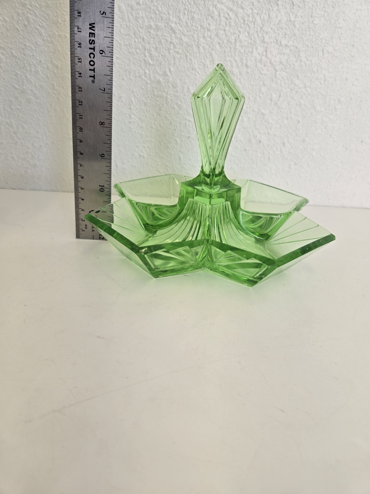 Vintage Indiana Glass Pyramid Relish Tray 4 Sections Art Deco Depression Uranium