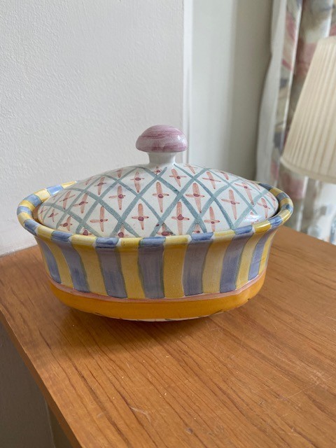 Vintage Mackenzie Childs MONET Ceramic Chowder Bowl w/ Lid Stripes Dots