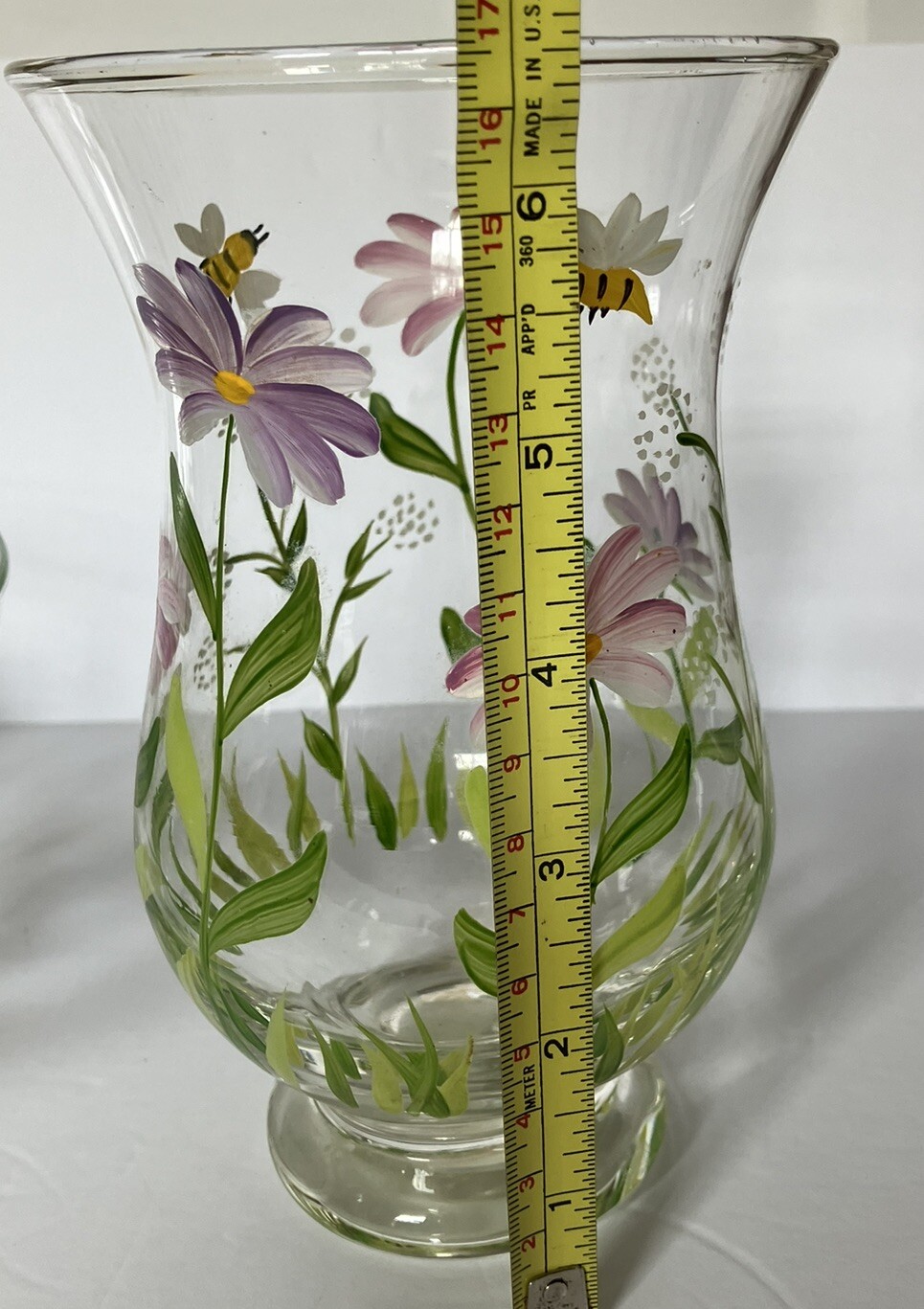 Hand Blown And Painted 9 Inch Glass Bowl And 6.5” Vase Floral And Bees