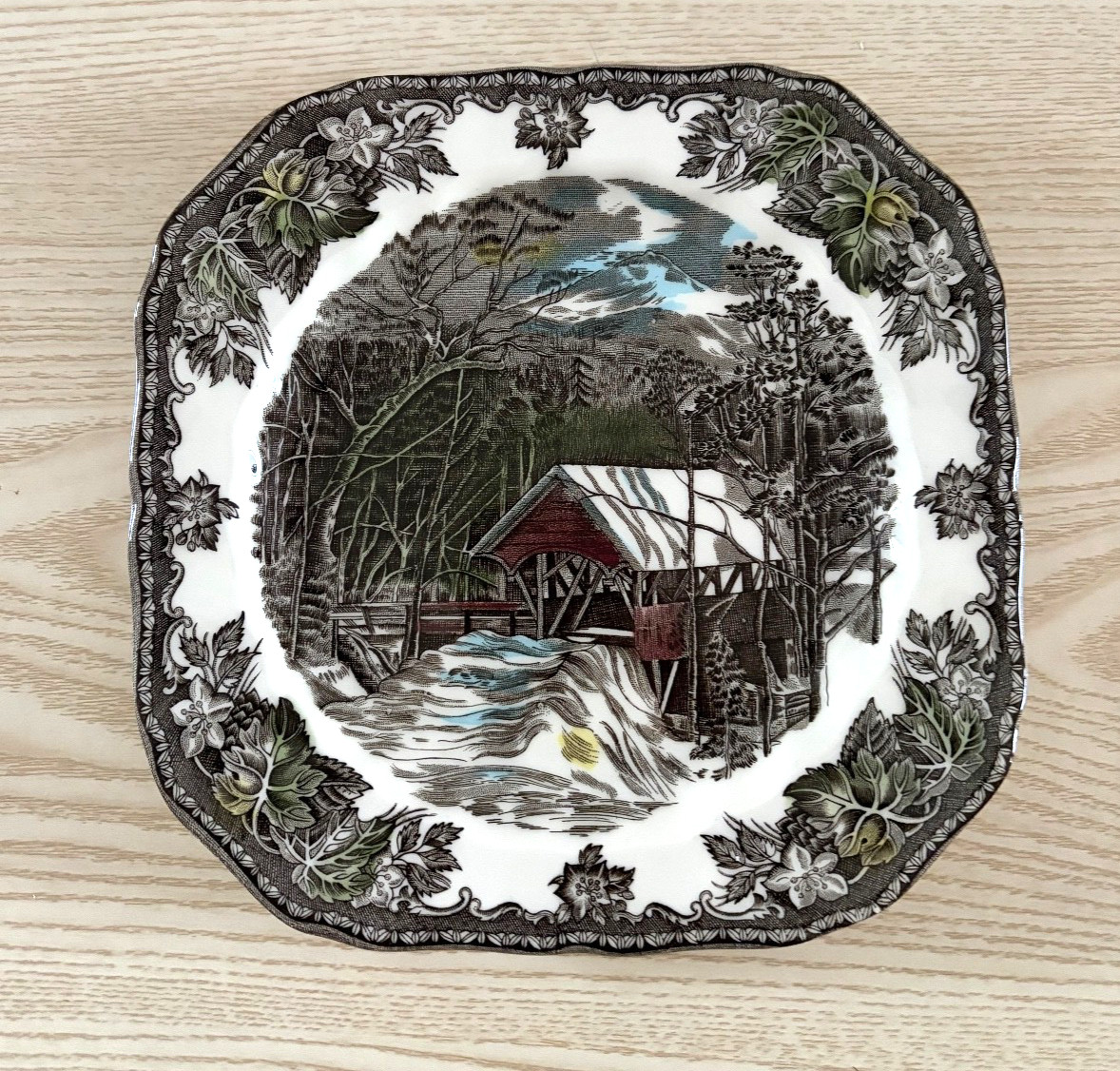 2 Johnson Brothers ,Friendly Village, Covered Bridge, Square Salad Plates-7.1/2″