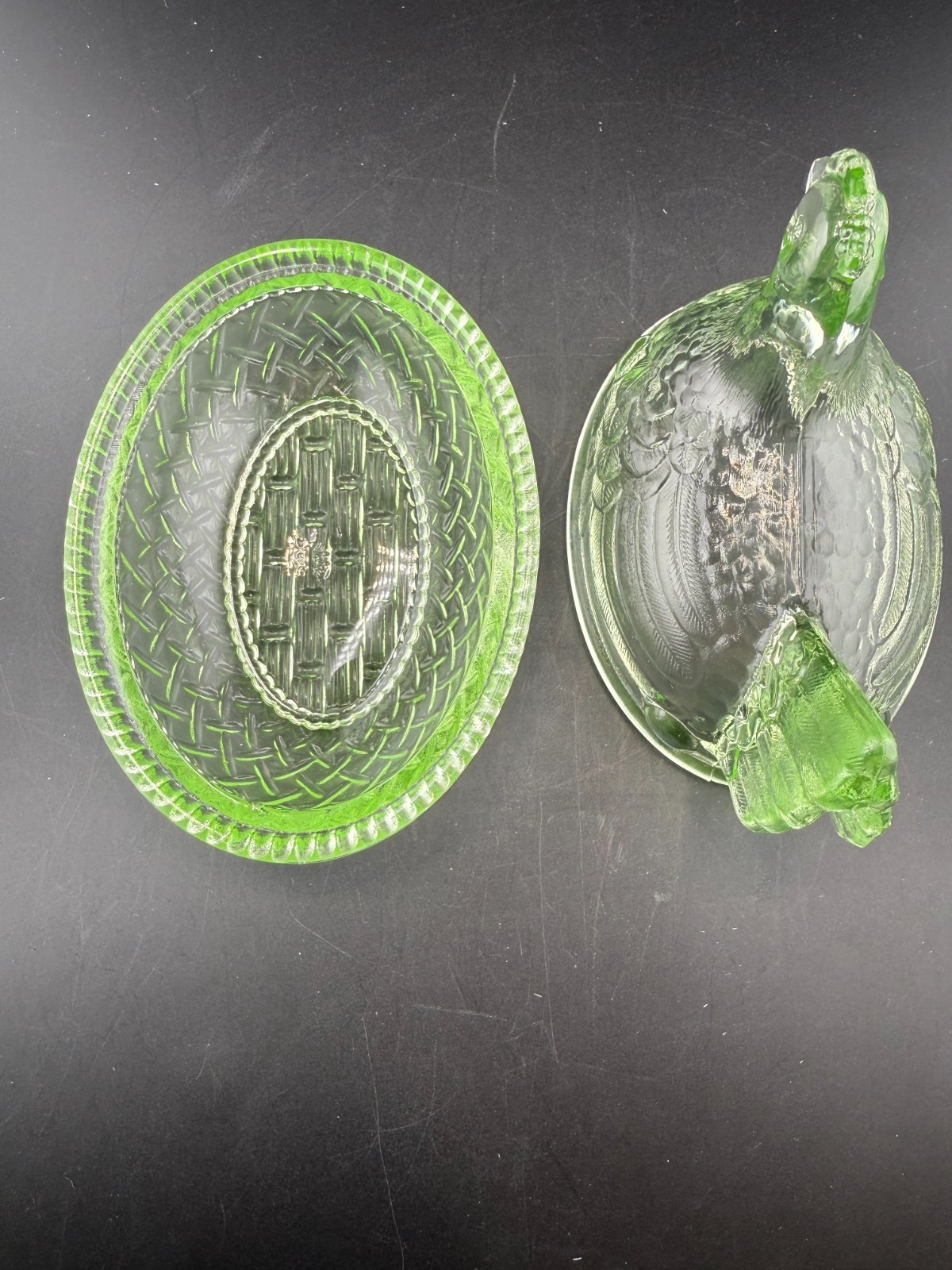 Wilkerson Glass USA Green Vaseline Uranium Glass Hen on Nest Covered Dish – 4.5″