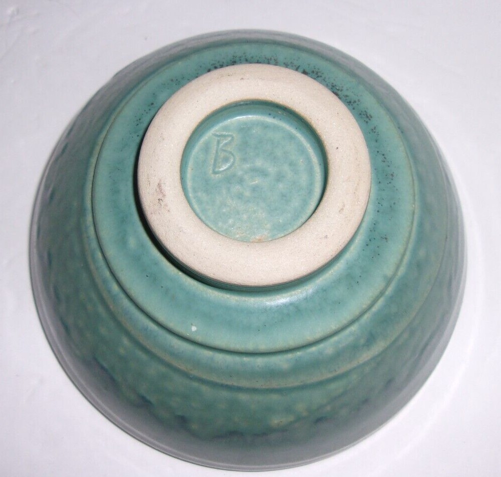Signed Art Pottery Bowl Blue Gray Drip Glaze Tan Swirl & Leaf Inside