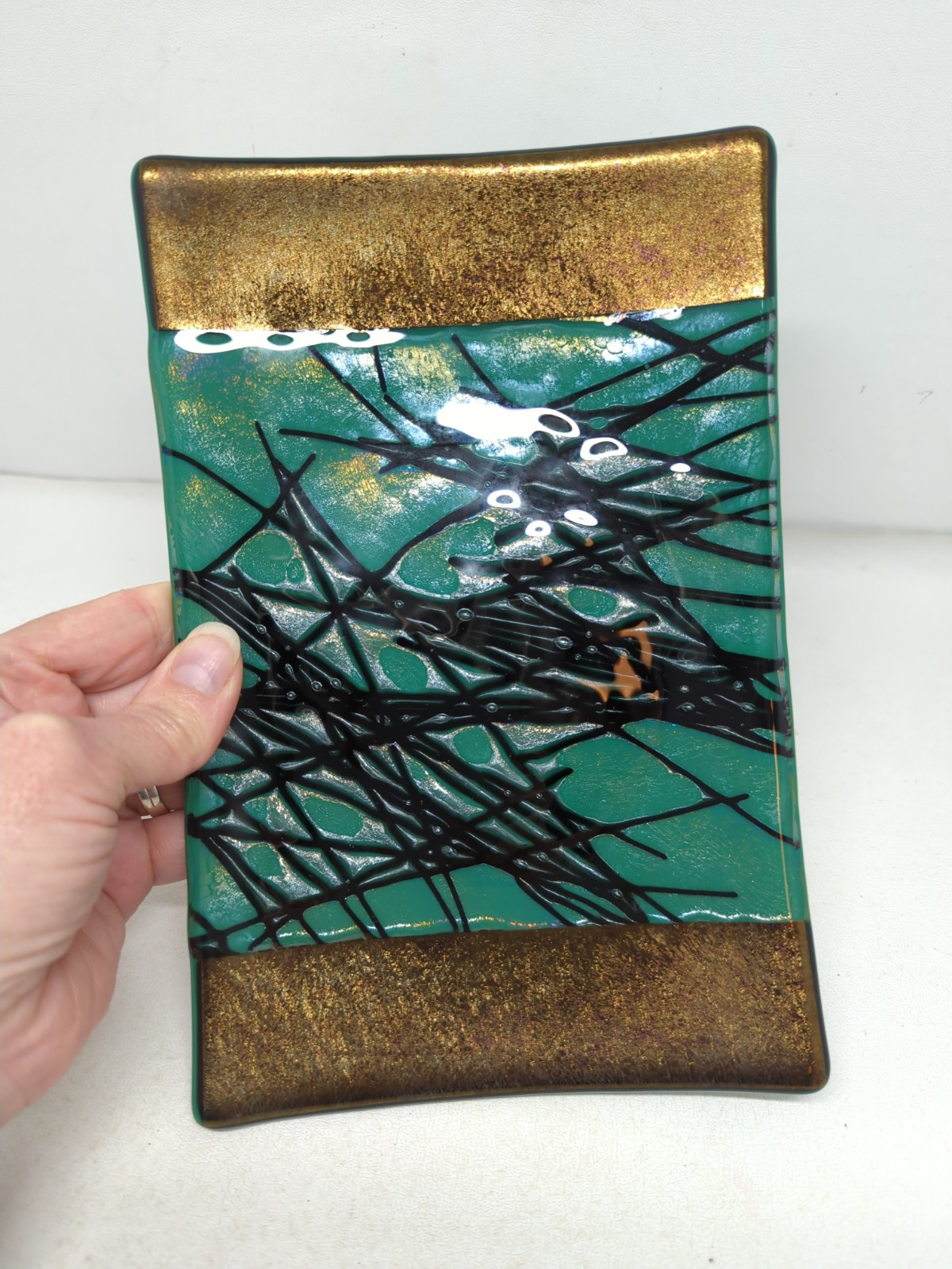 Kurt McVay Signed Fused Art Glass Iridescent Tray Green Black Bronze 9×6 Sushi