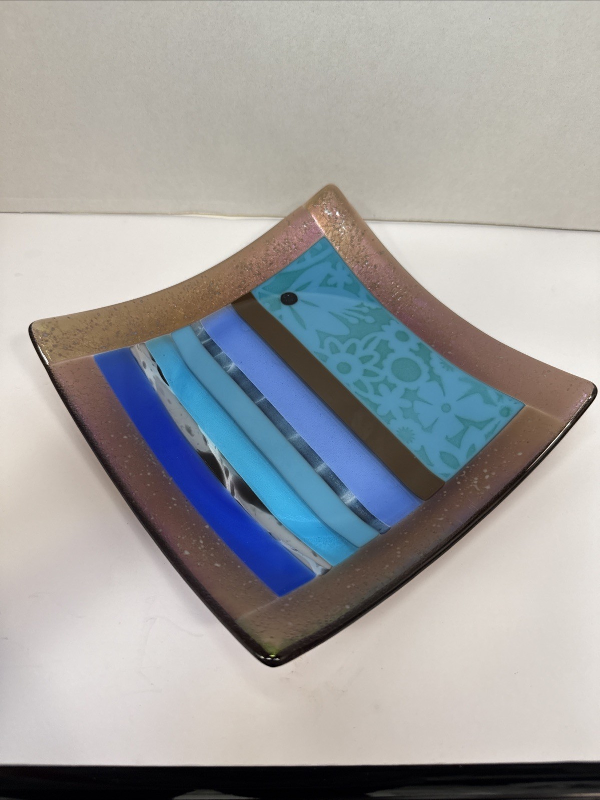 Fused Dichroic Studio Art Glass Square Trinket Dish Contemporary Signed 6.5”