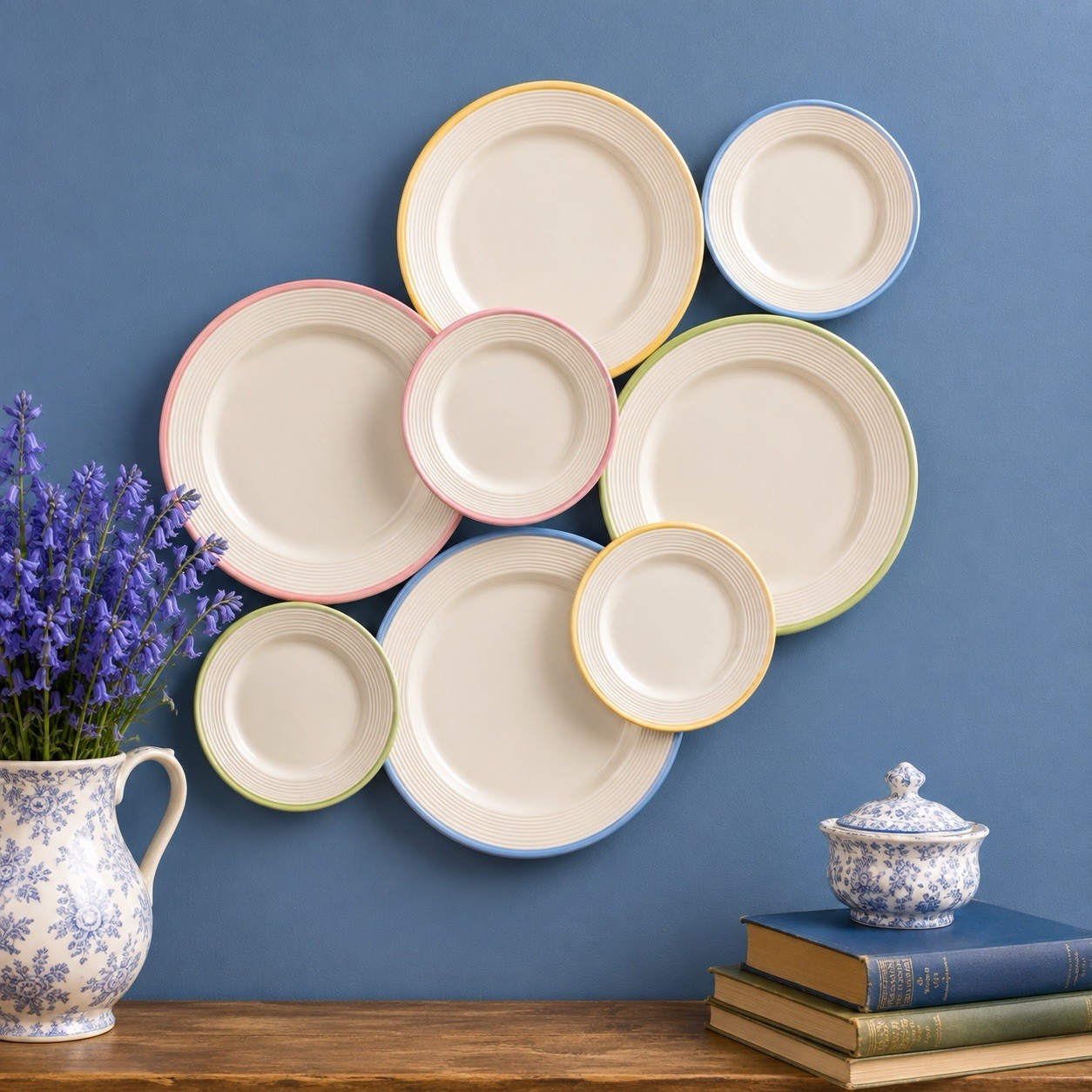 VTG Pastel Stripe Plates Set of 8 Wall Decor Gallery Collage Scandinavian