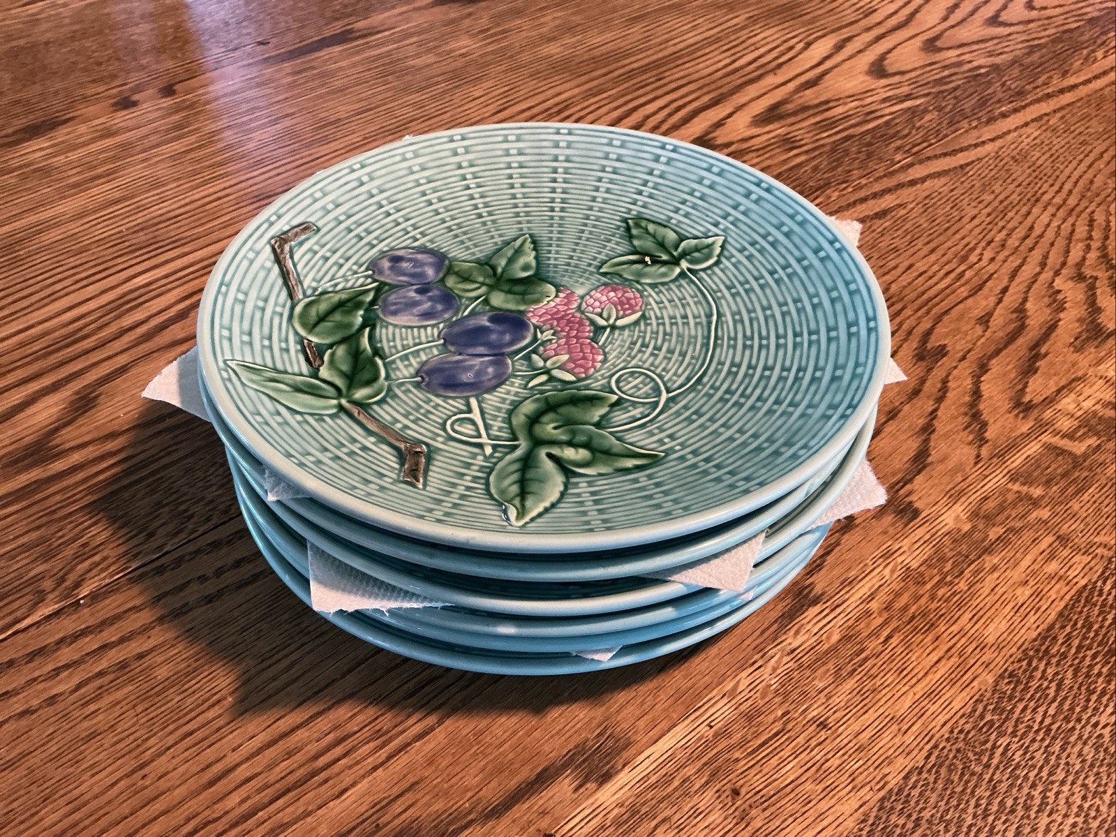 Set Of SIX Majolica Plates Teal Aqua Raspberry Plumb 2230 B Germany Weave 7.75”
