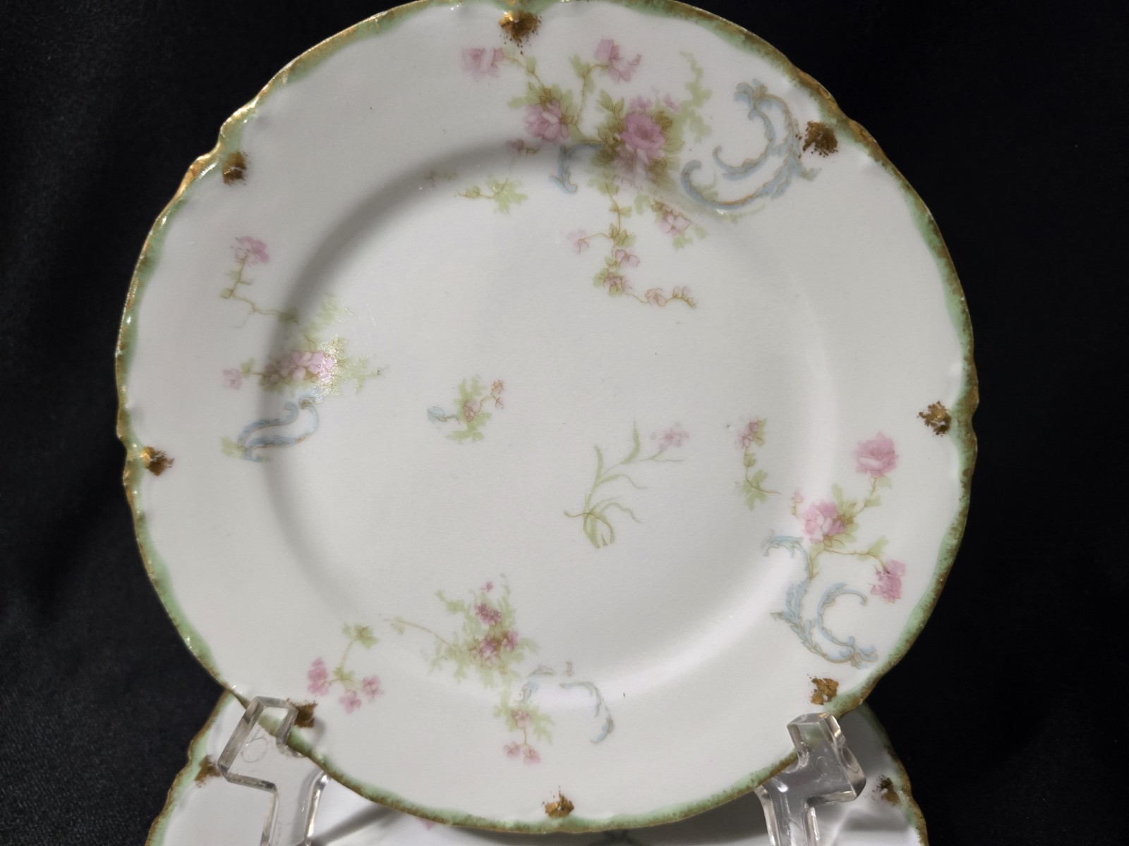 MINT ANTIQUE Haviland Schleiger 57H Limoges Roses Blue Ribbons 3Snack 2 Bowls