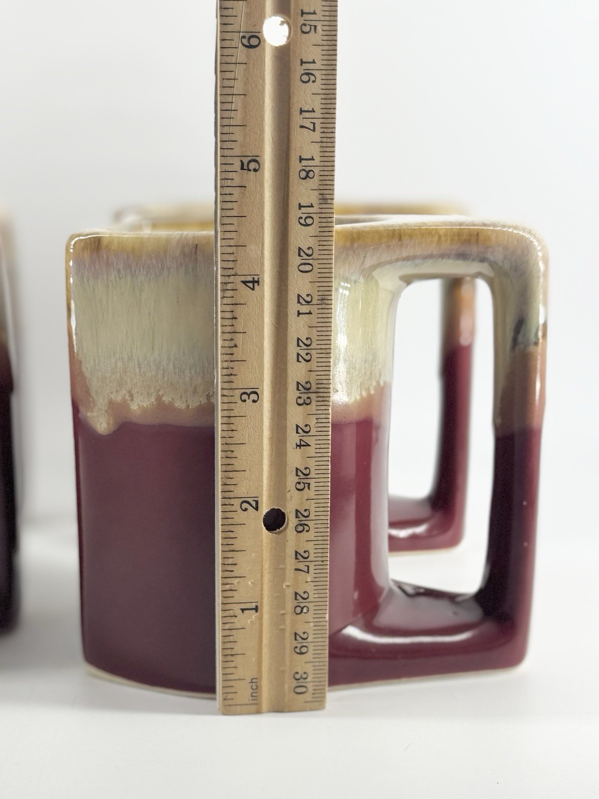 4 Rodolfo Padilla Mugs with Stand Signed Artisan Stoneware Drip Glaze Deep Red